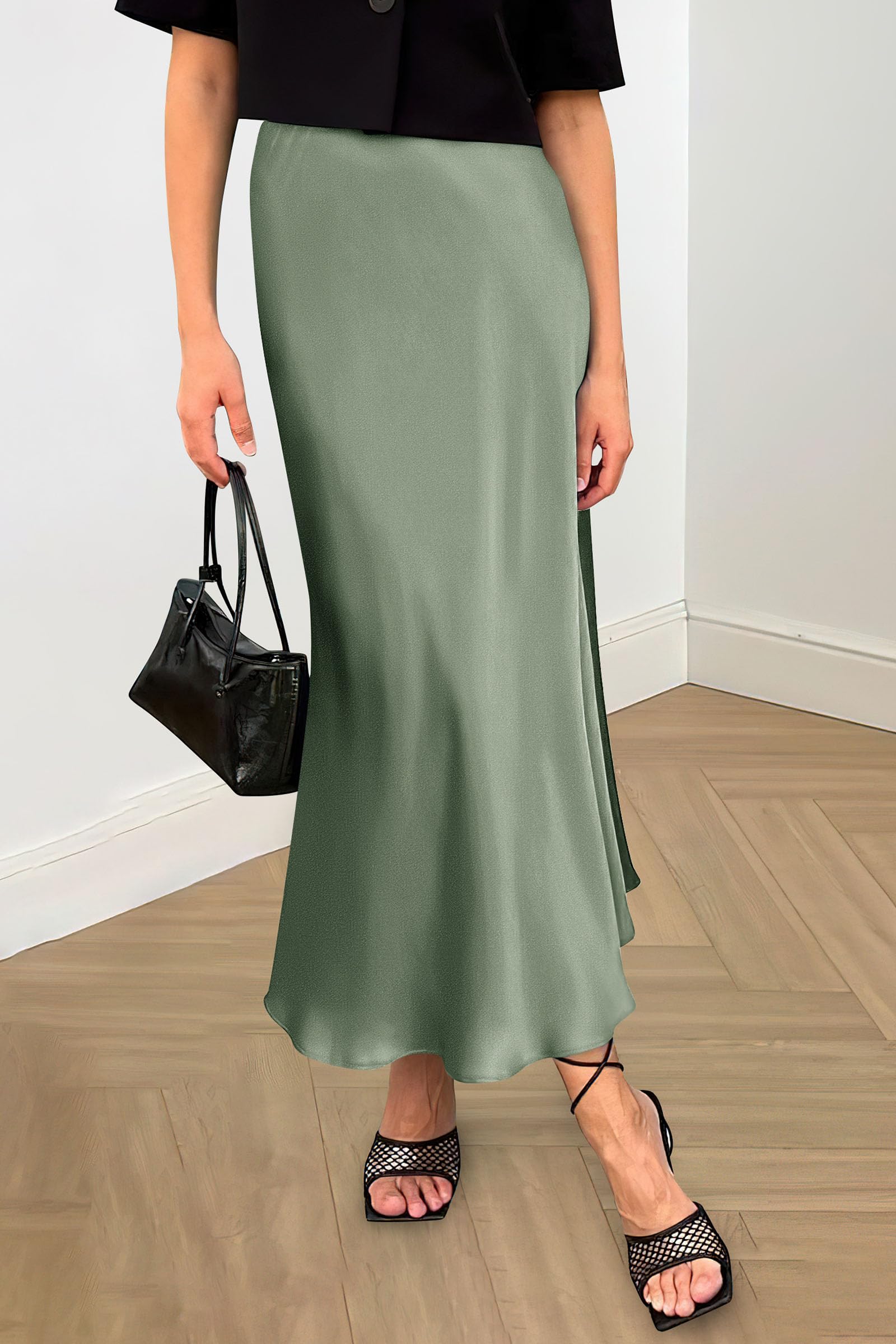 PRETTYGARDEN Women's Satin Skirts Dressy Casual Fall High Waisted Cocktail Wedding Flowy Elegant A Line Midi Skirt