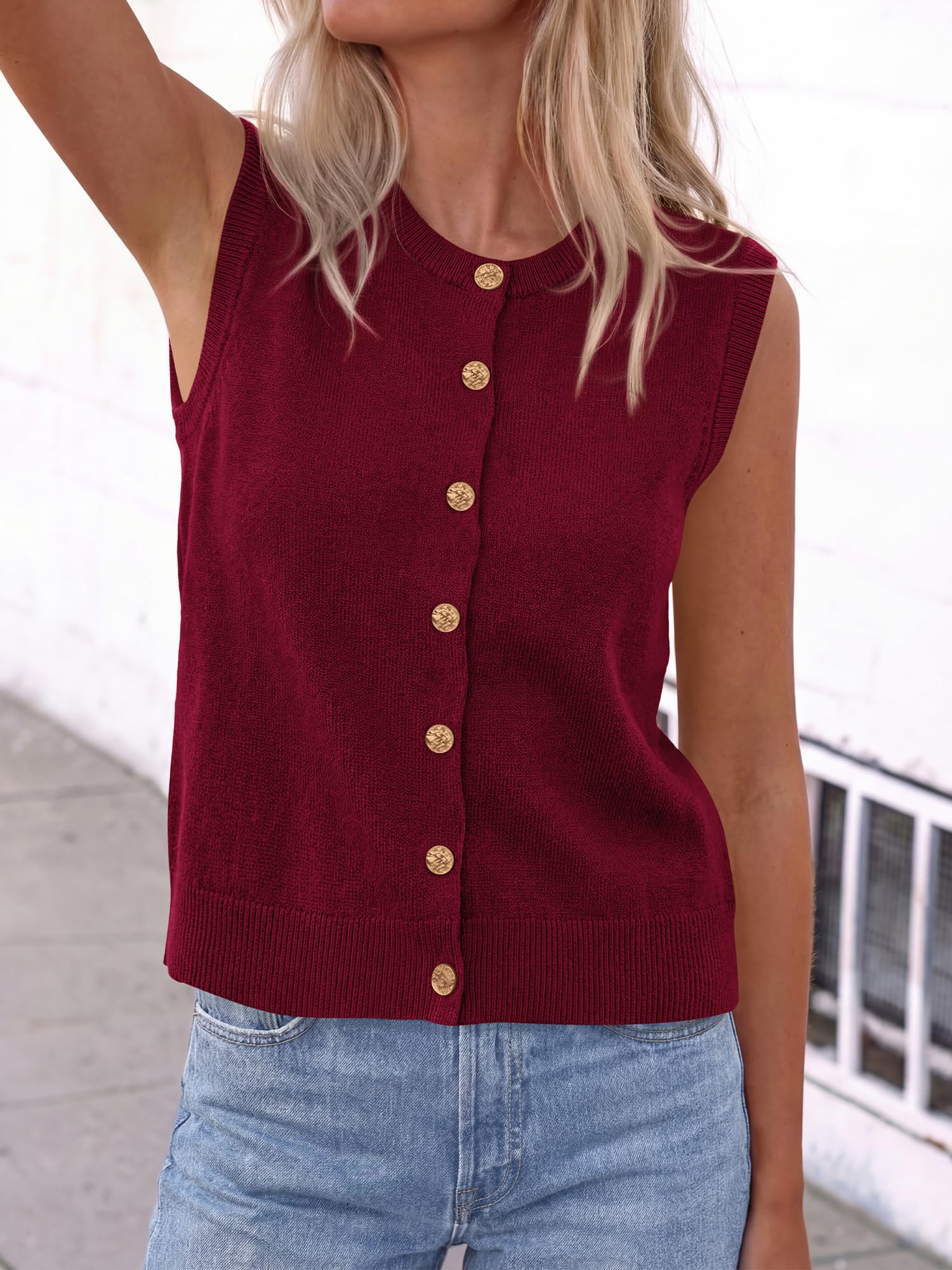 BTFBM Sweater Vest Women Casual Crewneck Loose Button Down Knit Sleeveless Cardigan Spring Clothes Summer Vest Tops