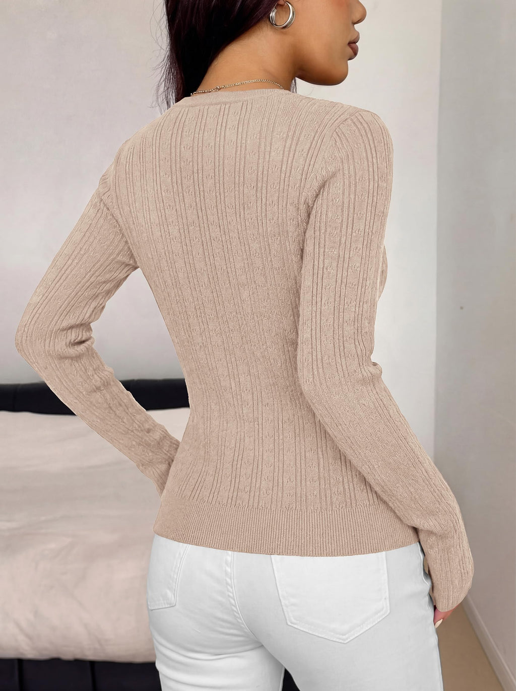 FreshPretty Womens Fitted Lightweight Cardigan Button Sweaters,Slim Fit, Long Sleeve, Eyelet Open Front Cardigans, Ribbed Cuffs & Hem, V Neck Button Down Sweater, Casual Knit Fall Outfits
