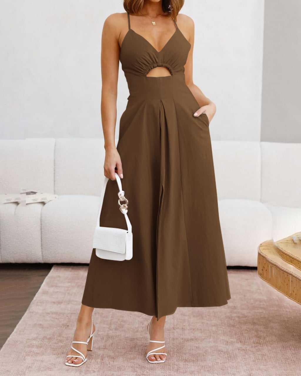 BTFBM Women Spaghetti Strap Midi Summer Dresses Sleeveless V Neck Cutout Slit Casual Beach Party Maxi Dress Pockets