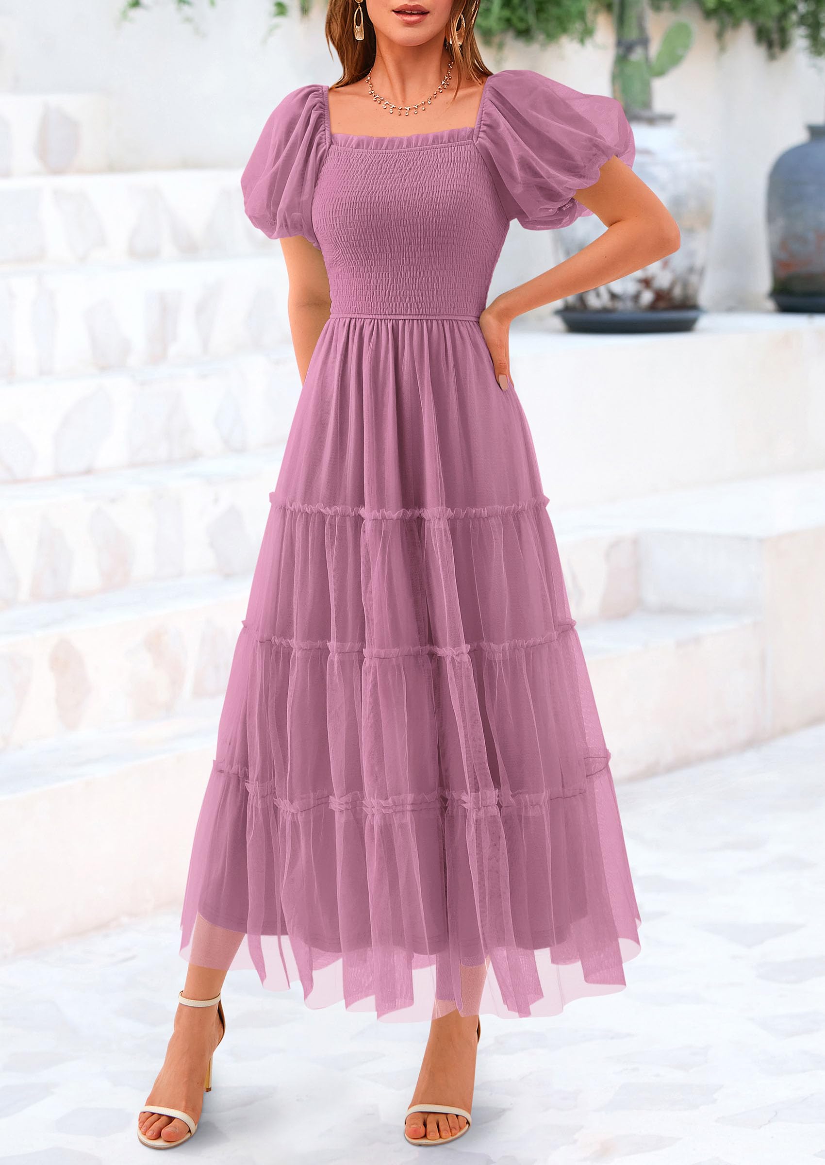 PRETTYGARDEN Women's Smocked Midi Tulle Dress  Summer Puffy Short Sleeve Square Neck Ruffle Wedding Guest Party Dresses