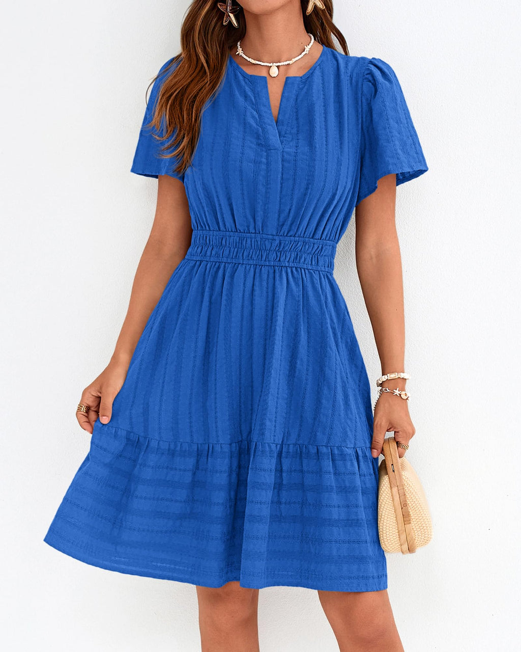 BTFBM Womens Spring  Casual Mini Dresses Lightweight Short Sleeve V Neck Elastic Waist Cute Boho Beach Dress Pockets