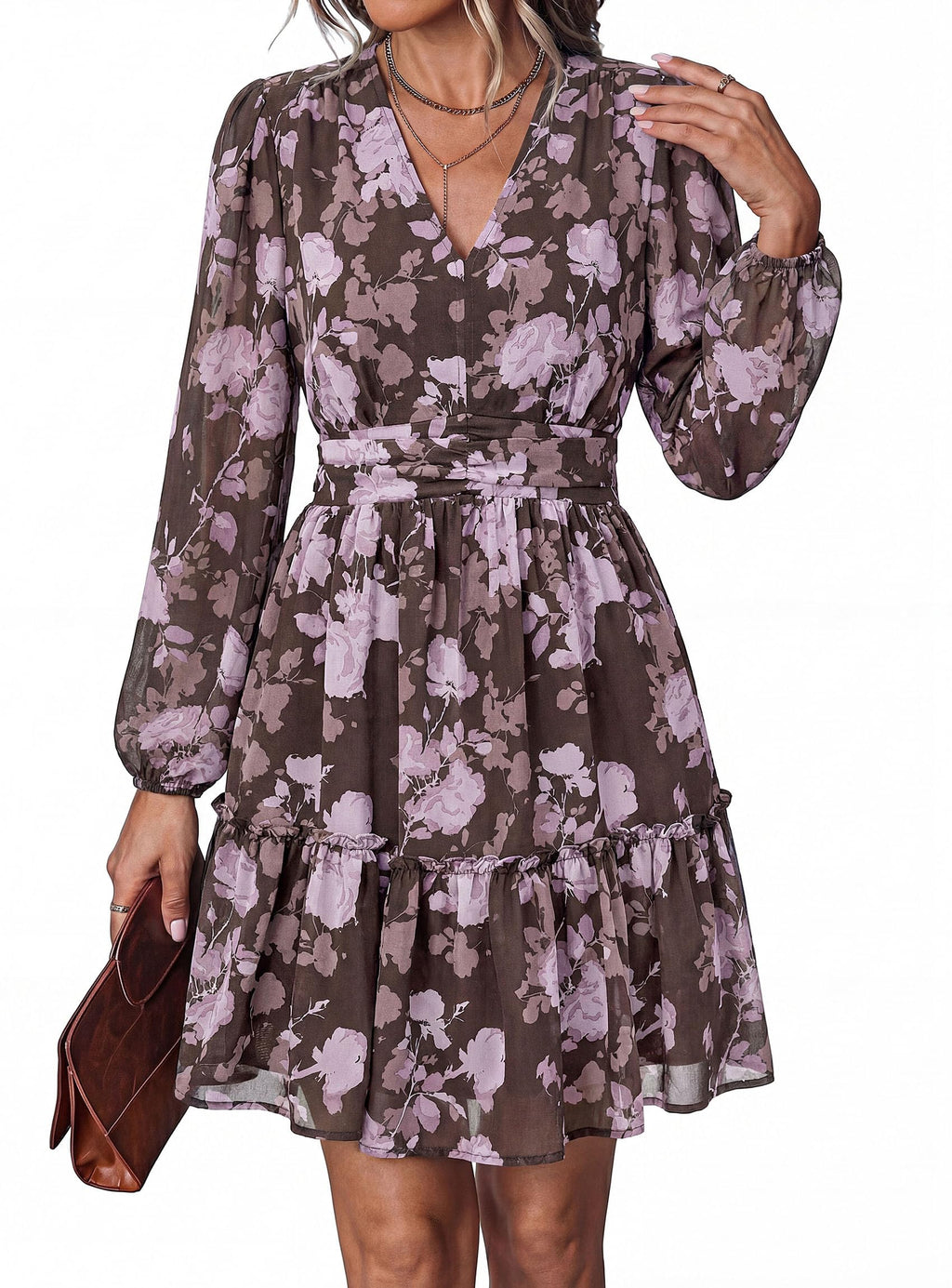 PRETTYGARDEN Women Floral Long Sleeve Mini Dress | Fall Wedding Guest Dresses, V Neck, Fit & Flare, Ruffle Hem A-Line, Short Chiffon Dress, Elegant Holiday Party, Date Outfits