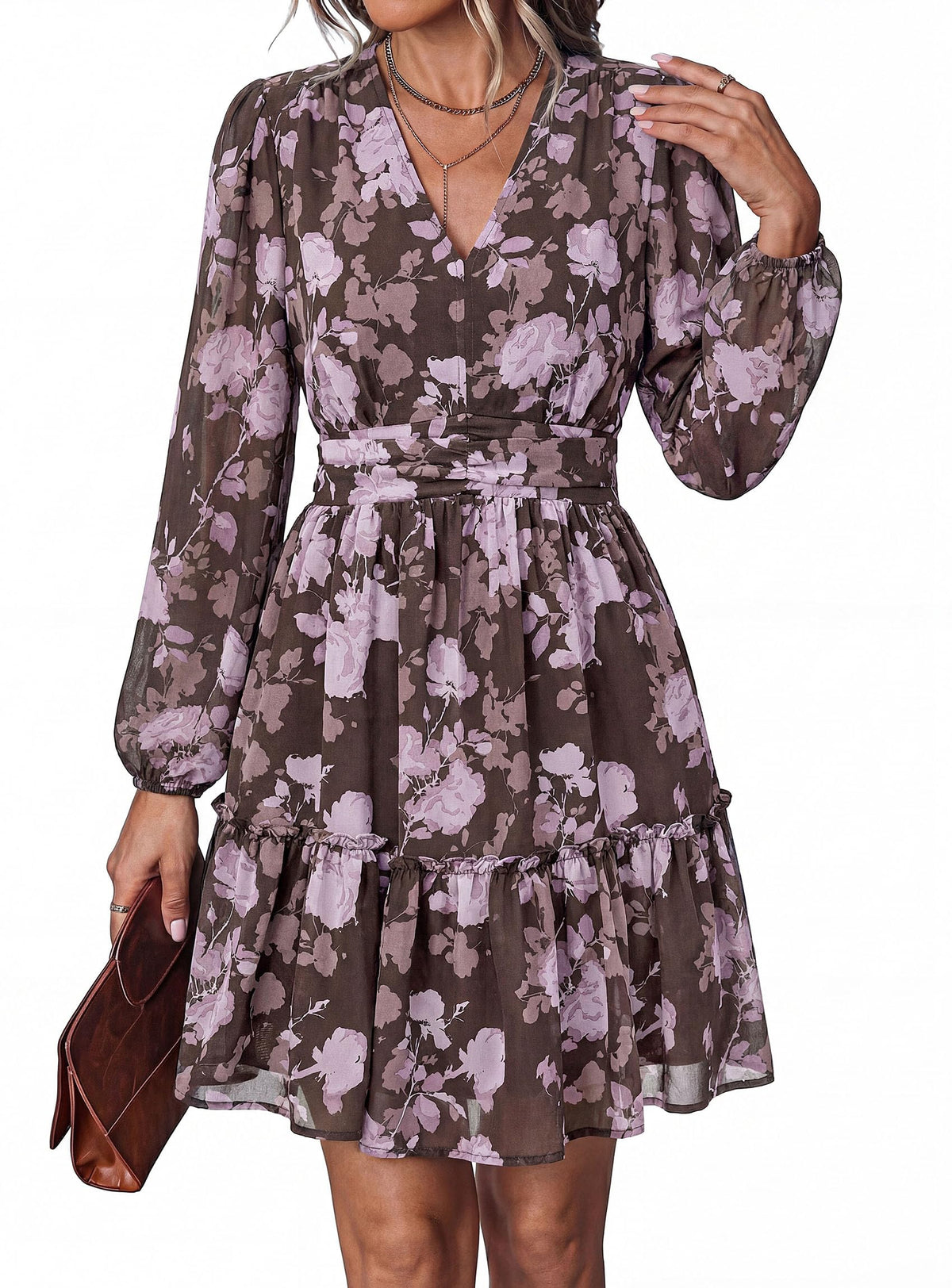 PRETTYGARDEN Women Floral Long Sleeve Mini Dress | Fall Wedding Guest Dresses, V Neck, Fit & Flare, Ruffle Hem A-Line, Short Chiffon Dress, Elegant Holiday Party, Date Outfits