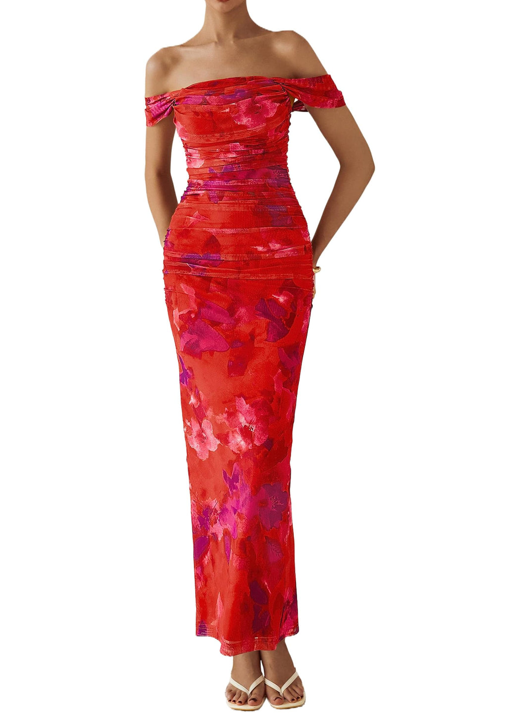PRETTYGARDEN Cocktail Dresses for Women Summer Floral Off Shoulder Ruched Mesh Elegant Wedding Guest Maxi Dress