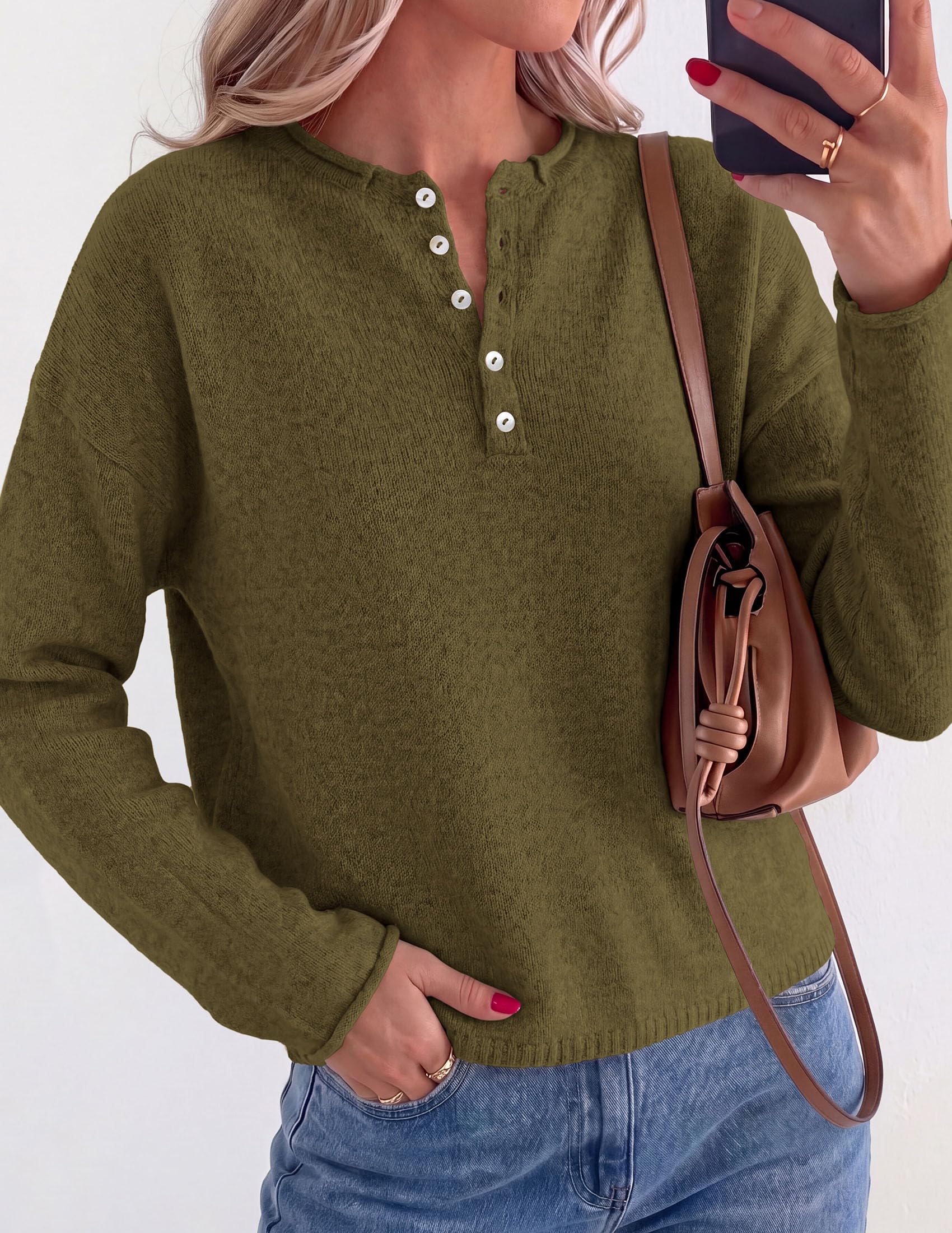 PRETTYGARDEN Women's Fall Button Up Cozy Pullover Sweaters | Stretchy Soft Knit, Drop Shoulder Long Sleeve Tops, Henley Crewneck Rolled Edge, Dressy Casual Blouses, Trendy Winter Clothes
