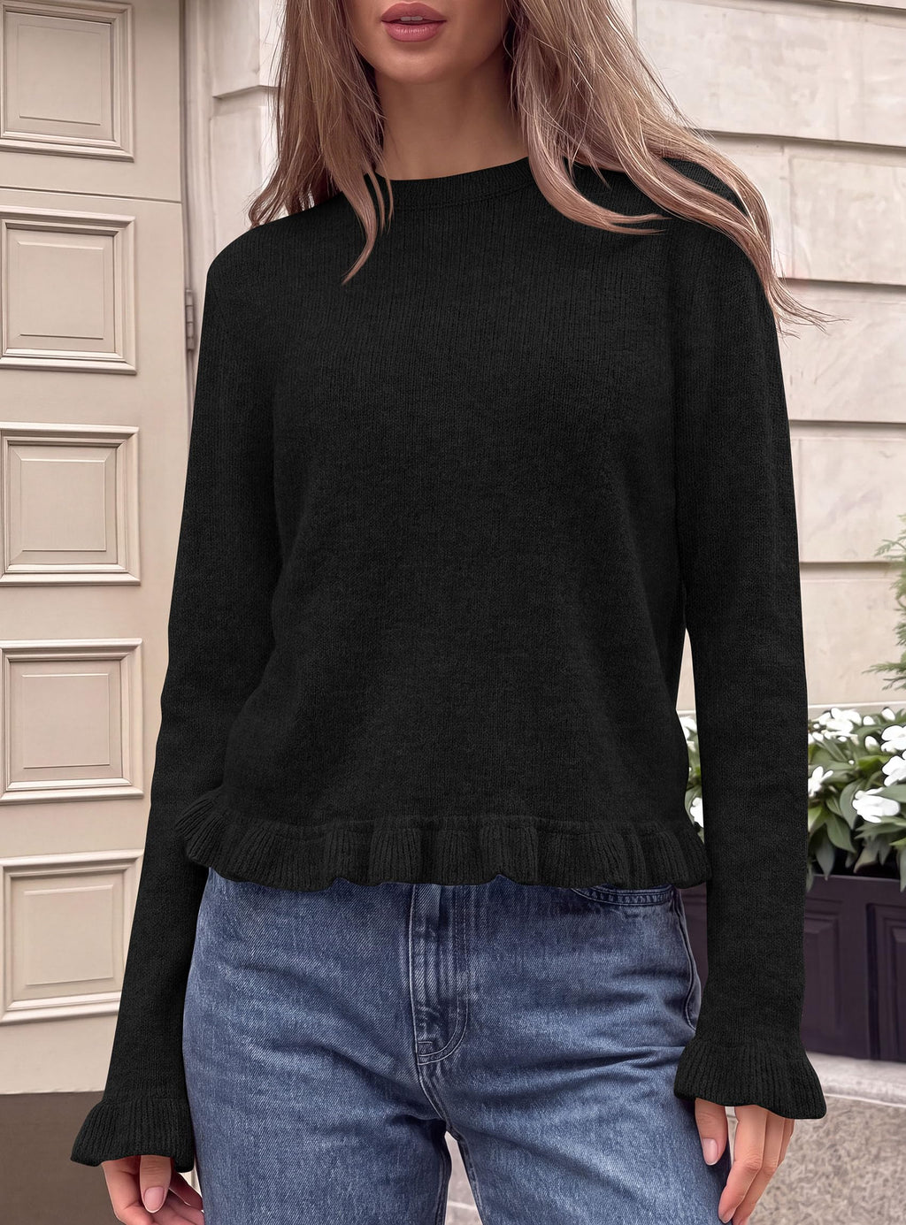 PRETTYGARDEN Women's Ruffle Sweaters Fall Fashion Cozy Knit Pullover Soft Stretchy, Crewneck Long Sleeve, Cute Peplum Tops, Dressy Casual Blouses, Going Out Holiday, Trendy Winter Outfits
