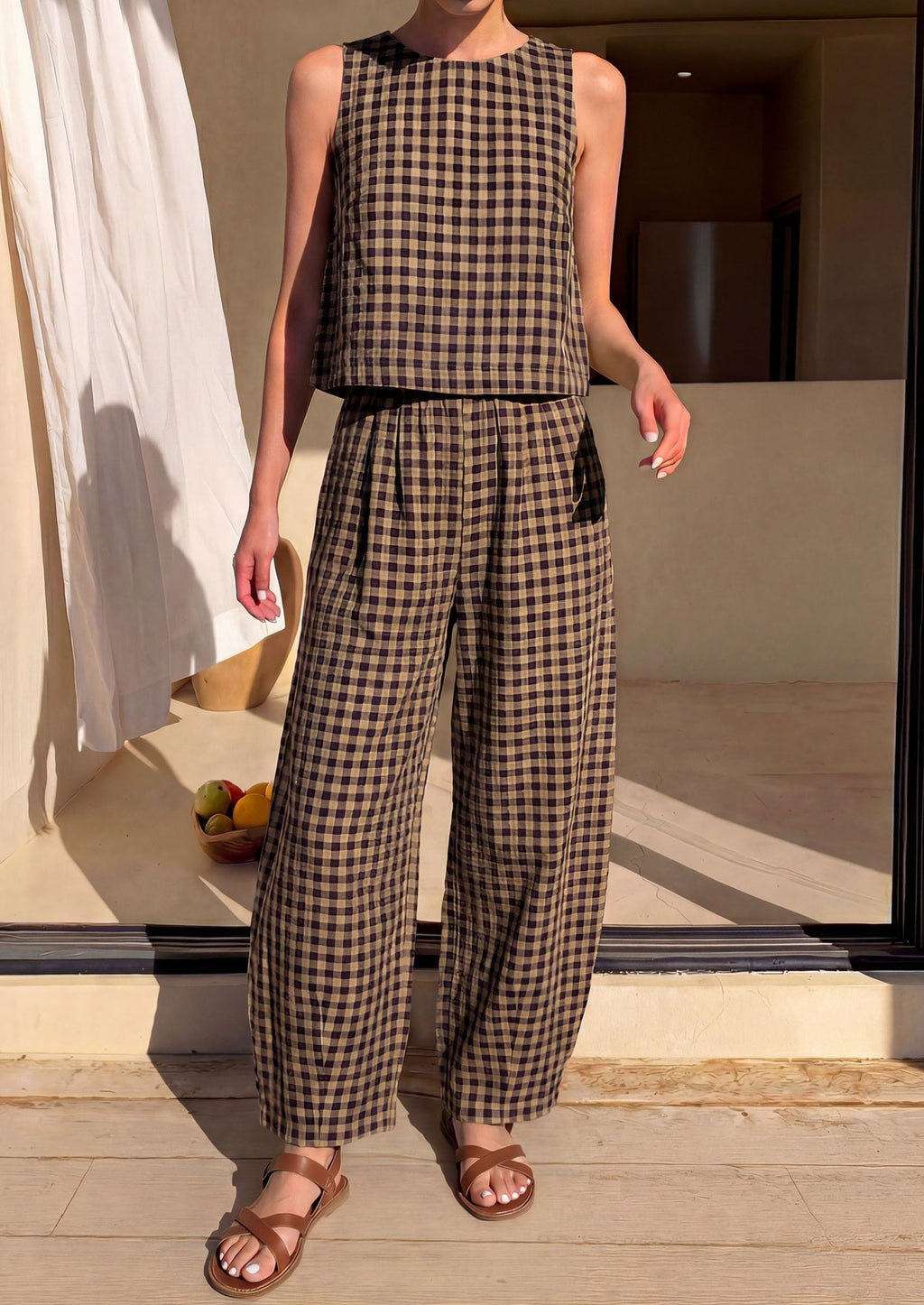 PRETTYGARDEN Womens 2 Piece Sets Summer Plaid Sleeveless Tops Wide Leg Pants Matching Lounge Set Beach Vacation Outfits