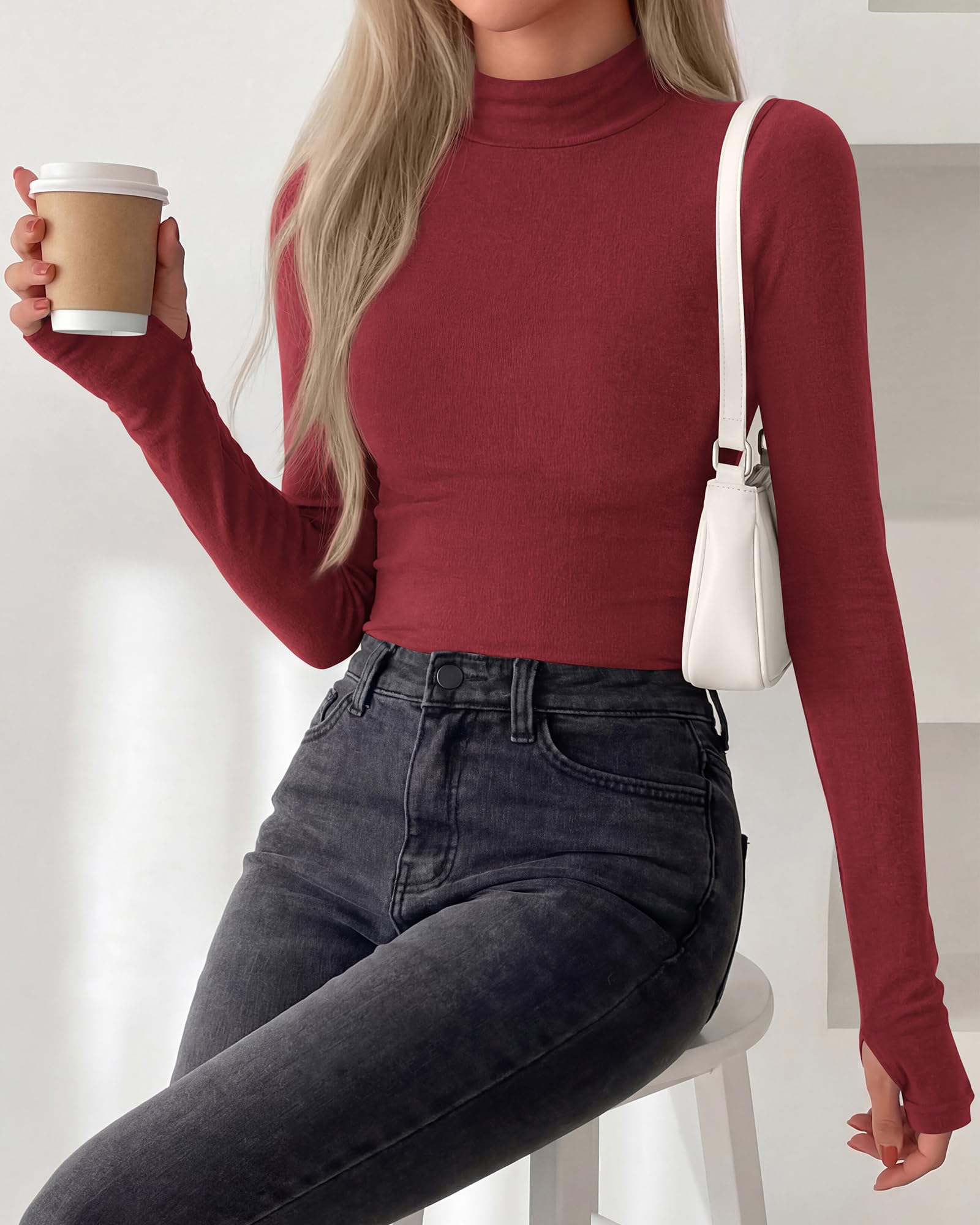 BTFBM Turtleneck Tops for Women Thumbhole Long Sleeve Shirts | Lightweight Fleece Lining, Casual Basic Layering Top, Slim Fit Stretch Winter Thermal Underwear, Fall Fashion Clothing