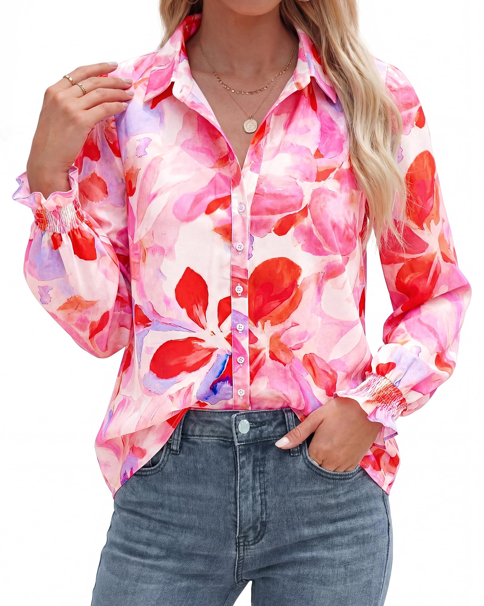 BTFBM Long Sleeve Blouses for Women, Floral V Neck Button Down Shirts, Smocked Cuffs, Business Casual Summer Outfits