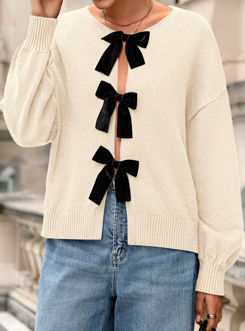 PRETTYGARDEN Cardigan Sweaters for Women Fall Fashion Bow Tie Front Long Sleeve Knit Sweater Tops Cute Winter Clothes