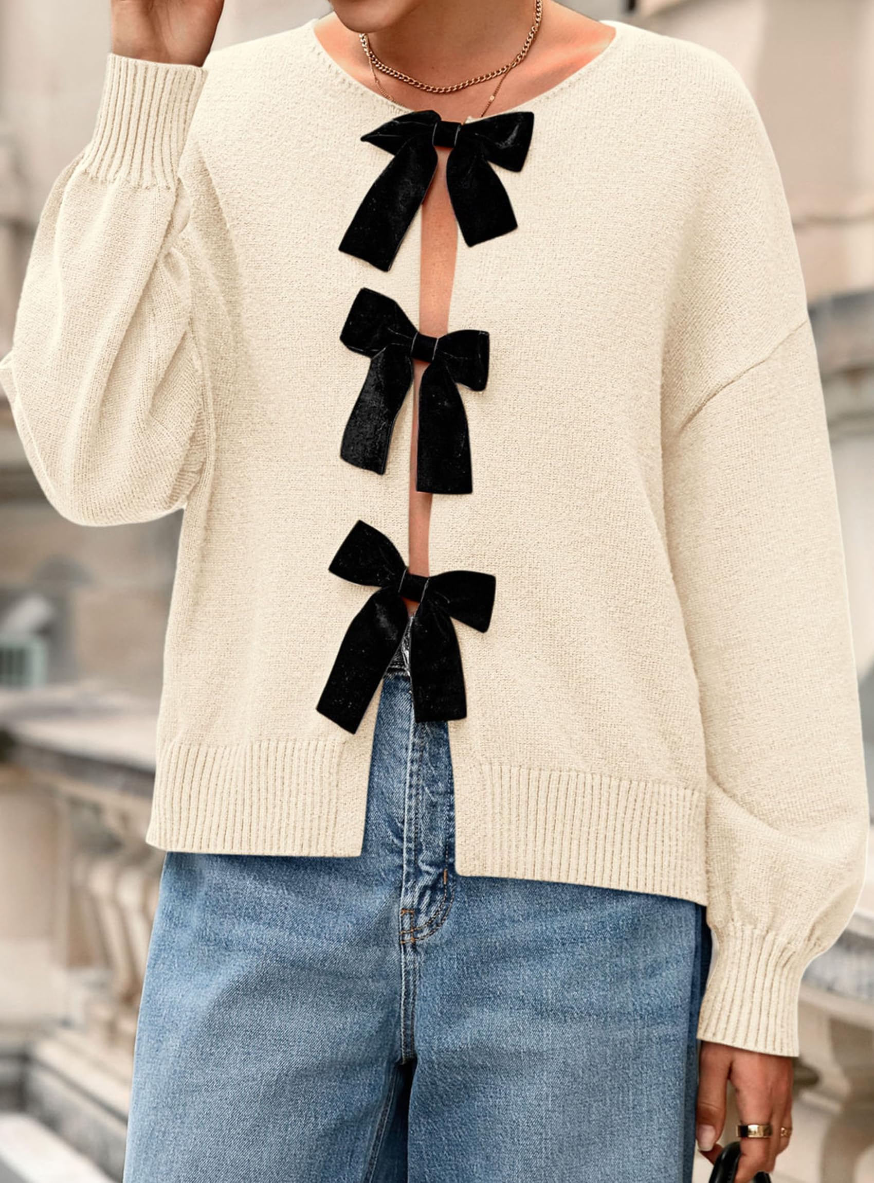 PRETTYGARDEN Cardigan Sweaters for Women Fall Fashion Bow Tie Front Long Sleeve Knit Sweater Tops Cute Winter Clothes