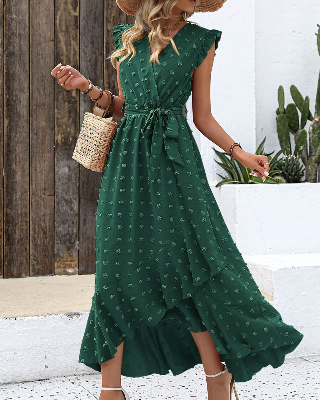 BTFBM Boho Dresses for Women Spring Fashion Cap Sleeve Swiss Dot Flowy Ruffle Beach Wedding Cocktail Maxi Dress