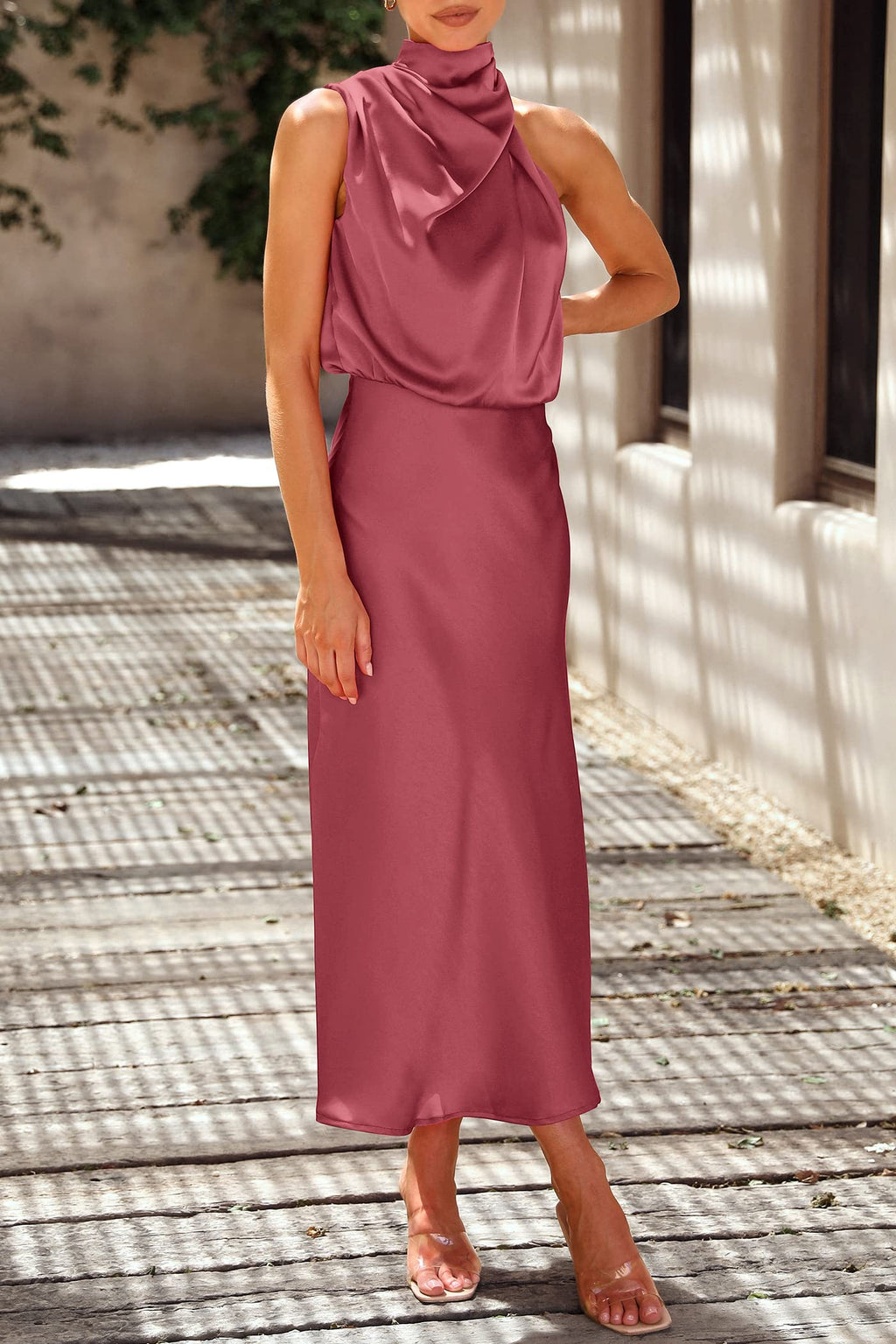 PRETTYGARDEN Women's Summer Satin Dress Elegant Sleeveless Mock Neck Cocktail Party Maxi Dresses