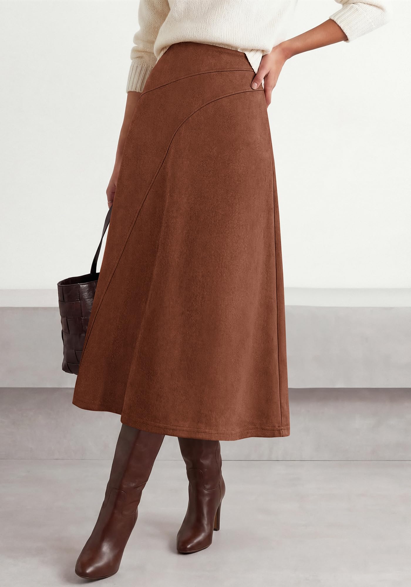 BTFBM Women Faux Suede Midi Long Skirt Fall Fashion | High Waisted Skirts For Women Trendy, Lightweight, Back Elastic, Arc Line Design, A-Line, Winter Dress, Boho Western Outfits