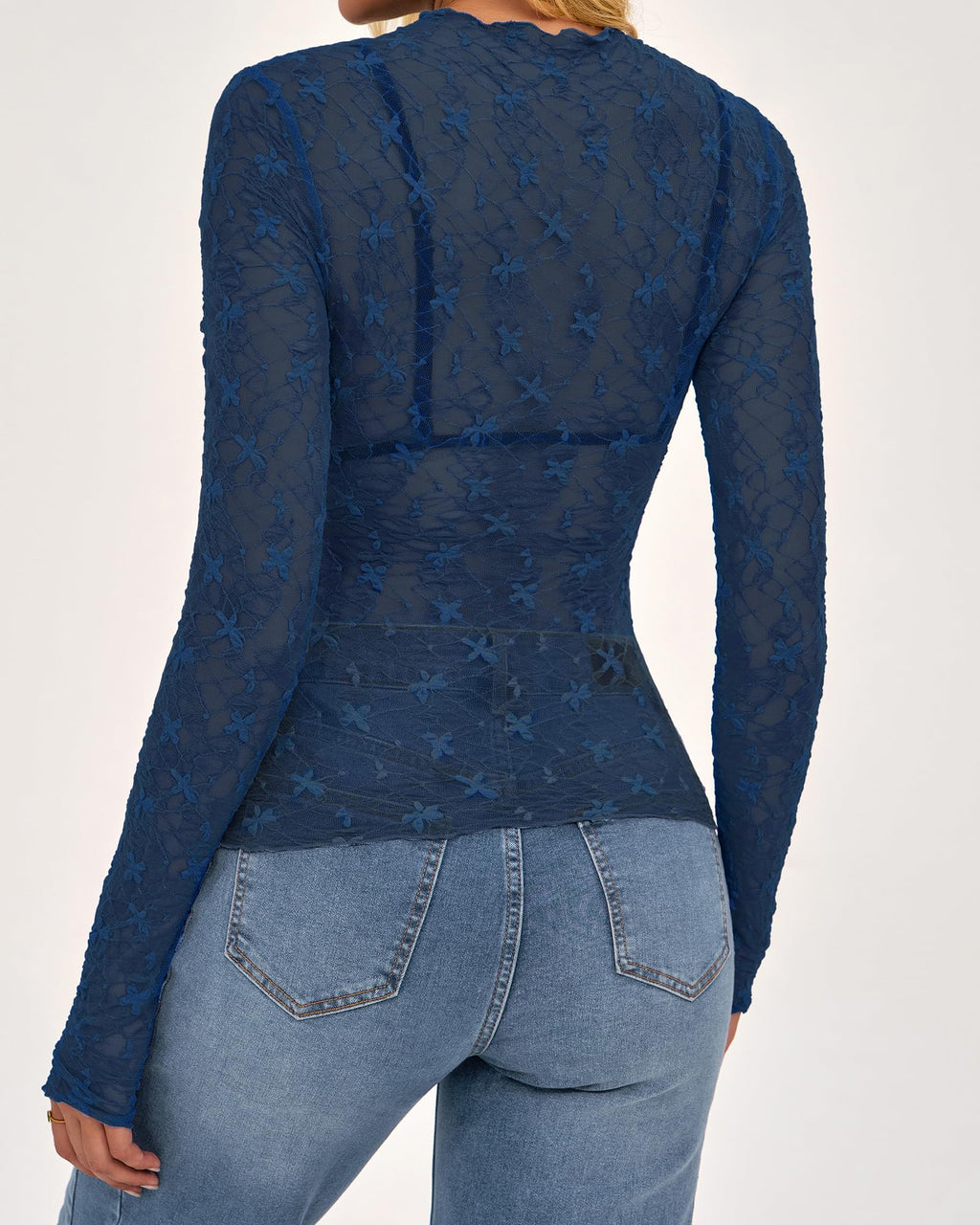 BTFBM Womens Tops Mesh Lace Long Sleeve Tops for Women Spring Fall Sheer See Through Tight Party Club Outfits