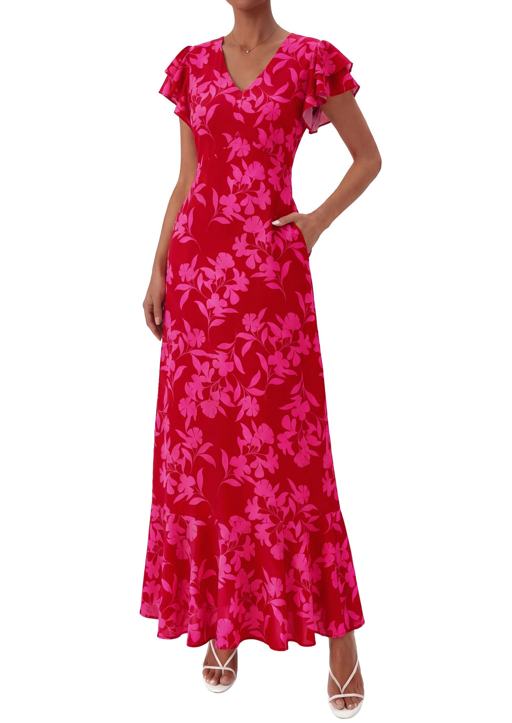 PRETTYGARDEN Womens Summer Floral Maxi Dresses Spring Short Sleeve Ruffle V Neck Flowy Boho Long Beach Vacation Sundress
