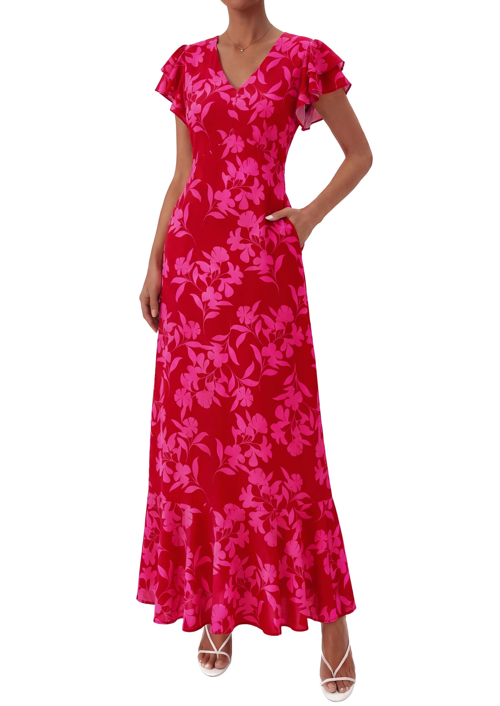PRETTYGARDEN Womens Summer Floral Maxi Dresses Spring Short Sleeve Ruffle V Neck Flowy Boho Long Beach Vacation Sundress