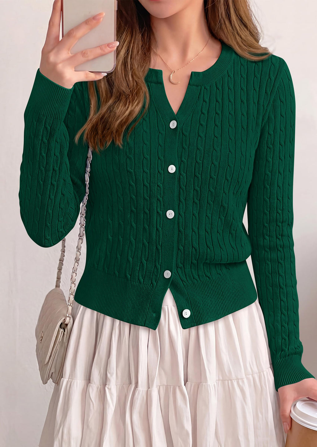 FreshPretty Women's Cable Knit Cropped Cardigan Sweater V Neck Button Down | Soft Lightweight Cable Knit, Long Sleeve, V Neck Button Front, Cropped Ribbed Trim, Business Casual Fall Winter Layering