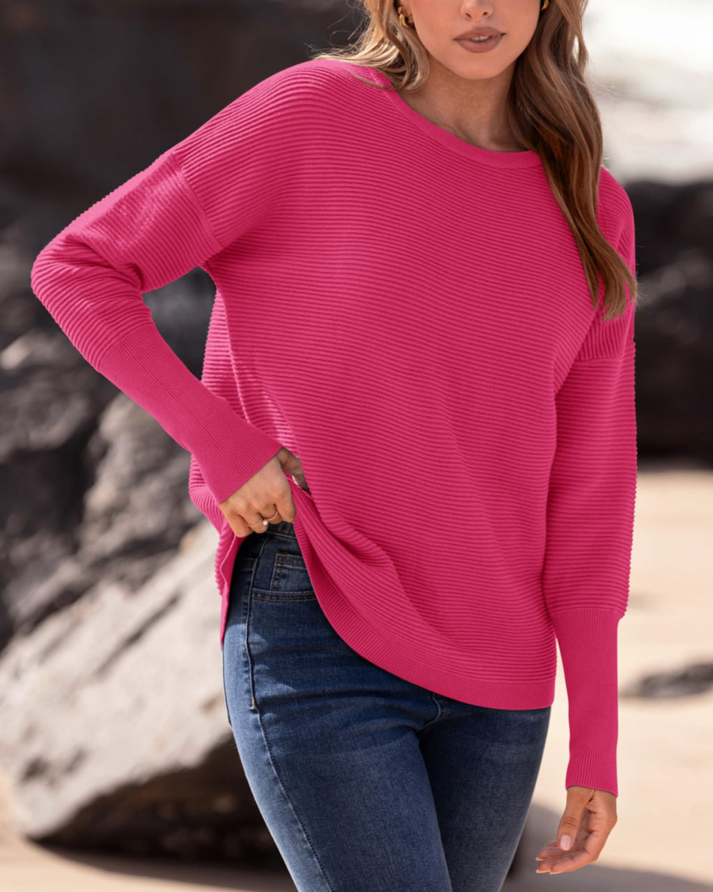 FreshPrettyFall Sweaters for Women Casual Long Sleeve Sweater Striped Loose Fit Pullover Tops