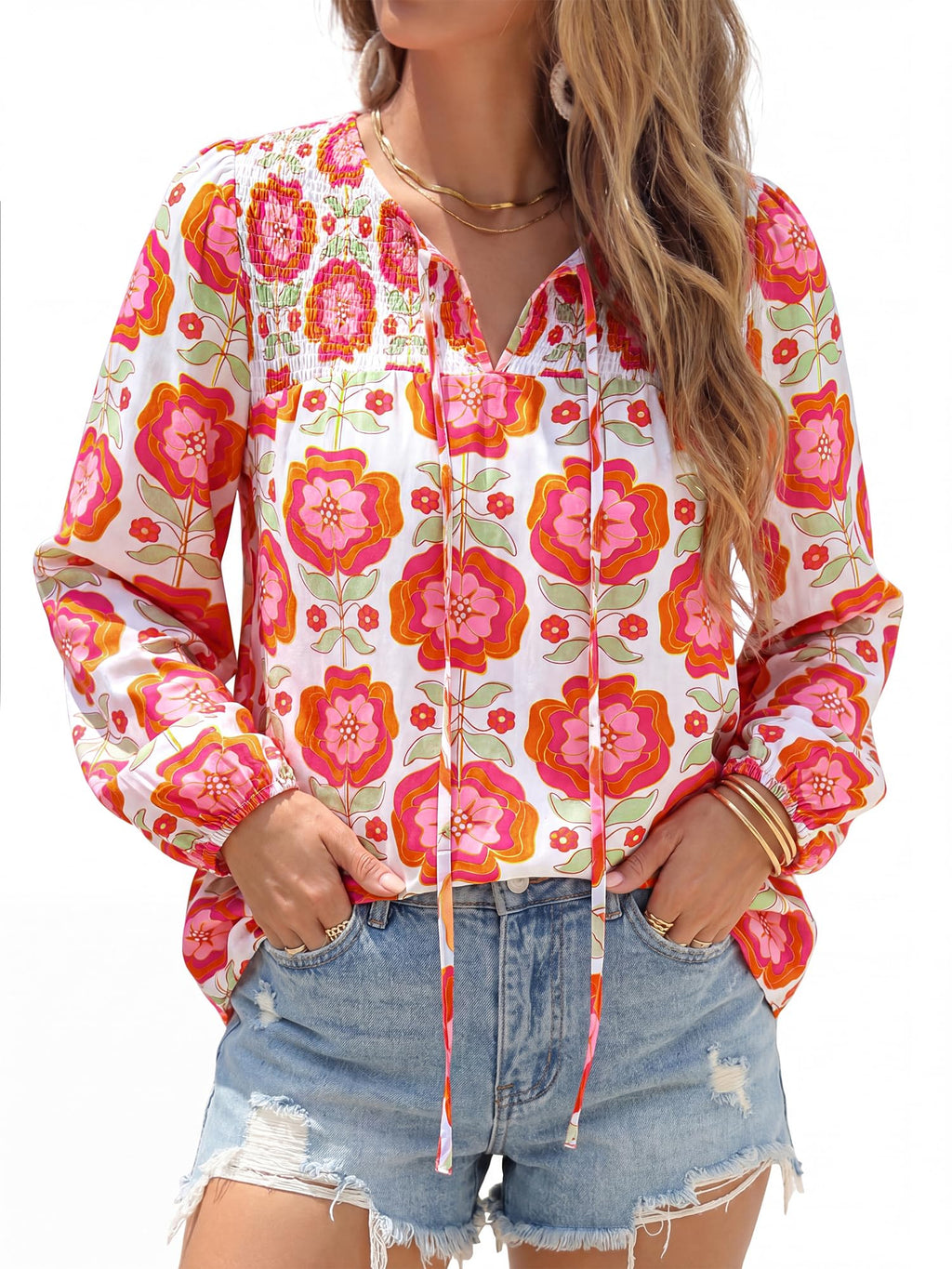 FreshPretty Boho Tops for Women Trendy Fall V Neck Floral Peasant Blouse,Lightweight Soft Puff Long Sleeve Shirts,Smocked Self-Tie Polka Dot Loose Work Blouses,Casual Daily Travel Vacation Outfits