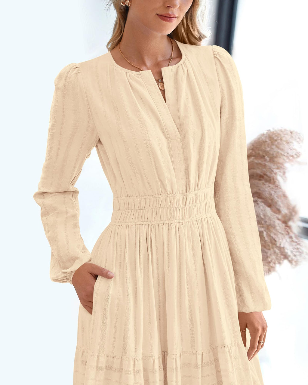 BTFBM Spring Dresses for Women 2026 Casual Long Sleeve V Neck Elastic Waist Lightweight Maxi Wedding Guest Dress Pockets