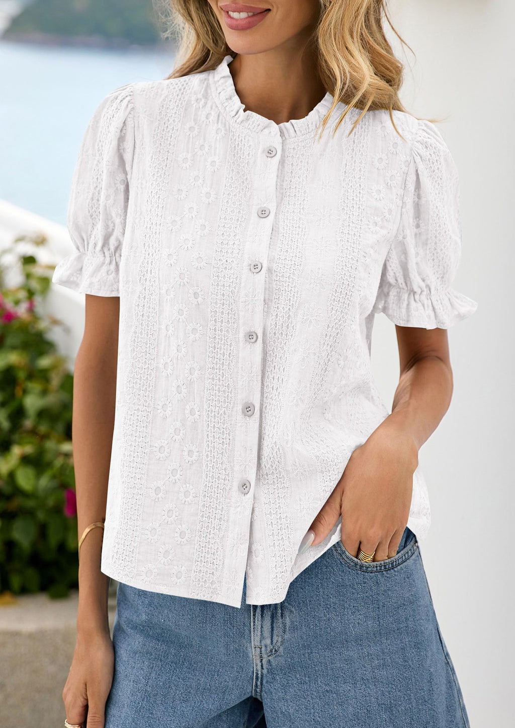 PRETTYGARDEN Womens Puff Short Sleeve Tops  Summer Spring Button Down Boho Embroidered Cute Blouse Dressy Casual Shirts