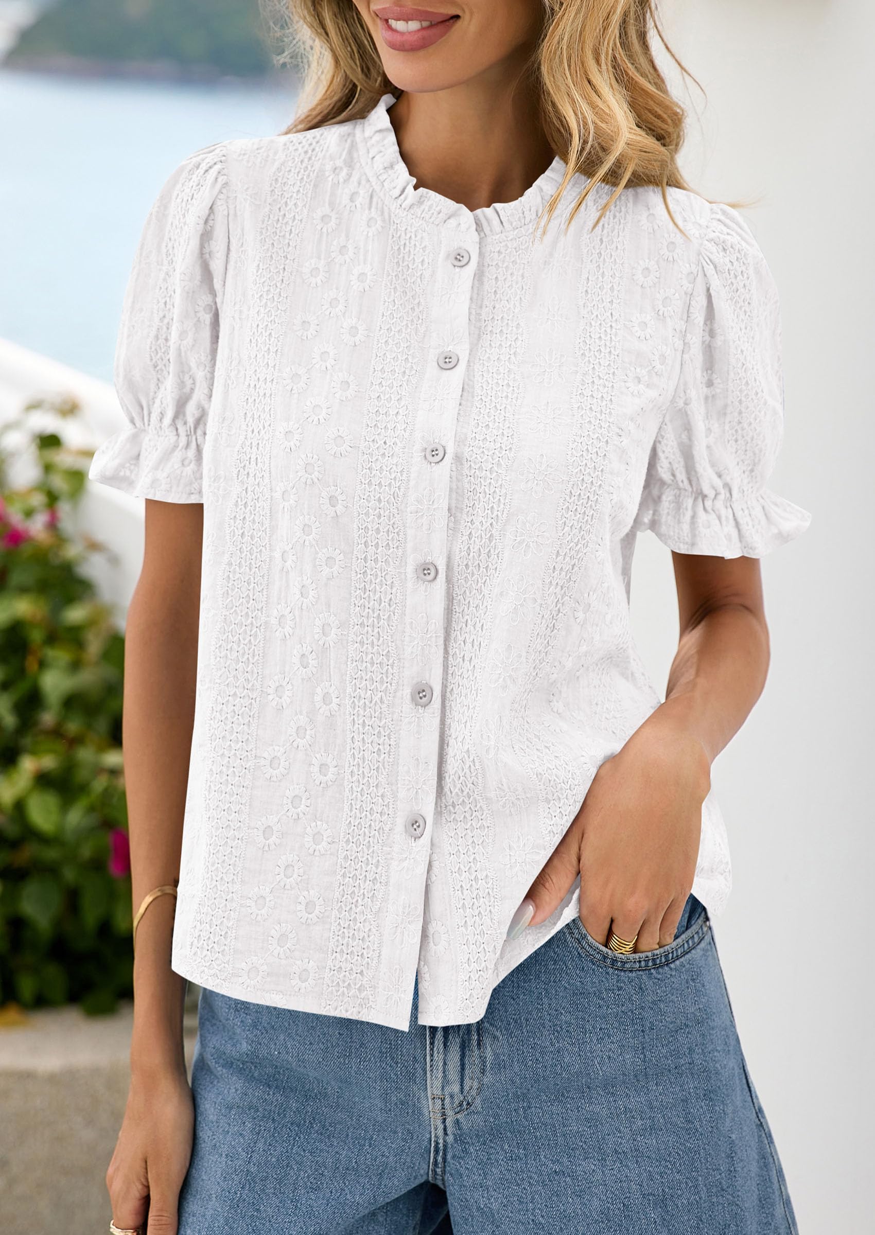 PRETTYGARDEN Womens Puff Short Sleeve Tops  Summer Spring Button Down Boho Embroidered Cute Blouse Dressy Casual Shirts