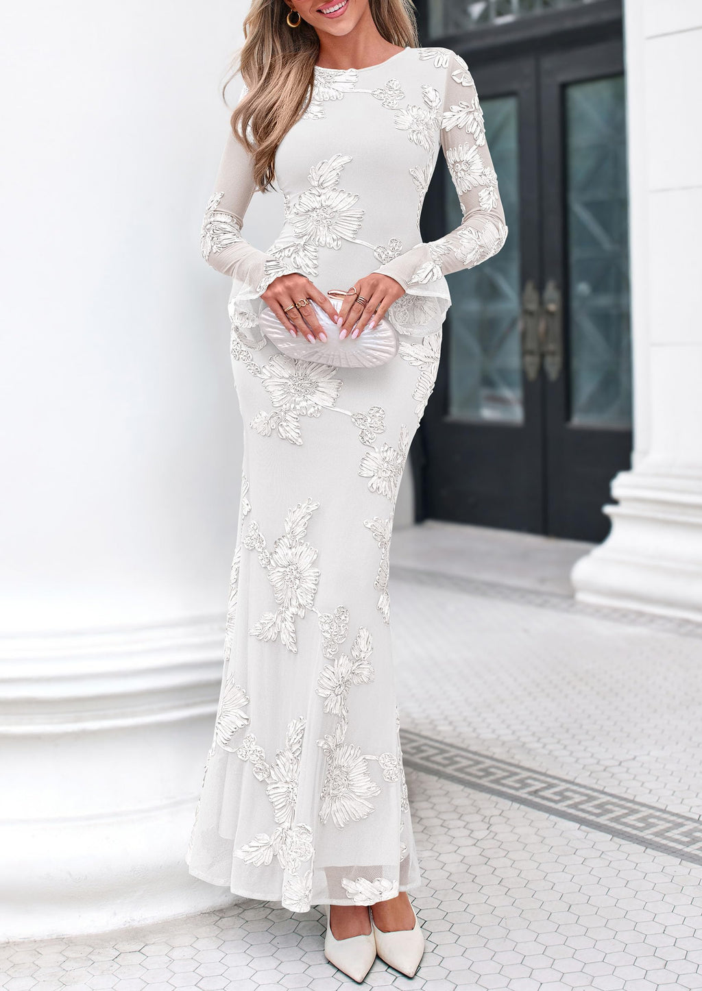 PRETTYGARDEN Women's Formal Floral Maxi Bodycon Dresses Ruffle Long Sleeve, Fall Winter Outfits 2026 for Wedding Guest, Homecoming & Cocktail, Slimming Mesh Dress with Lining