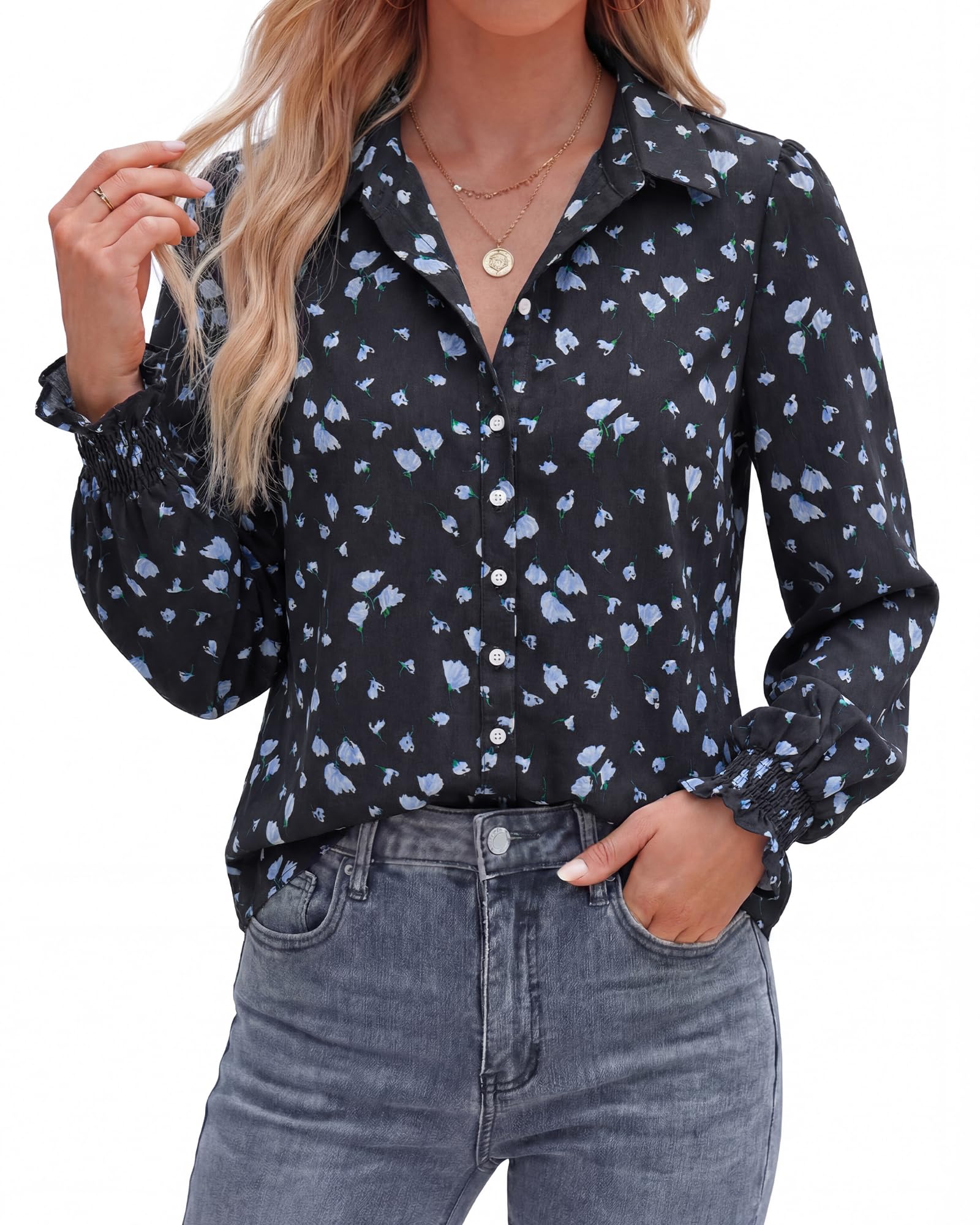 BTFBM Long Sleeve Blouses for Women, Floral V Neck Button Down Shirts, Smocked Cuffs, Business Casual Summer Outfits