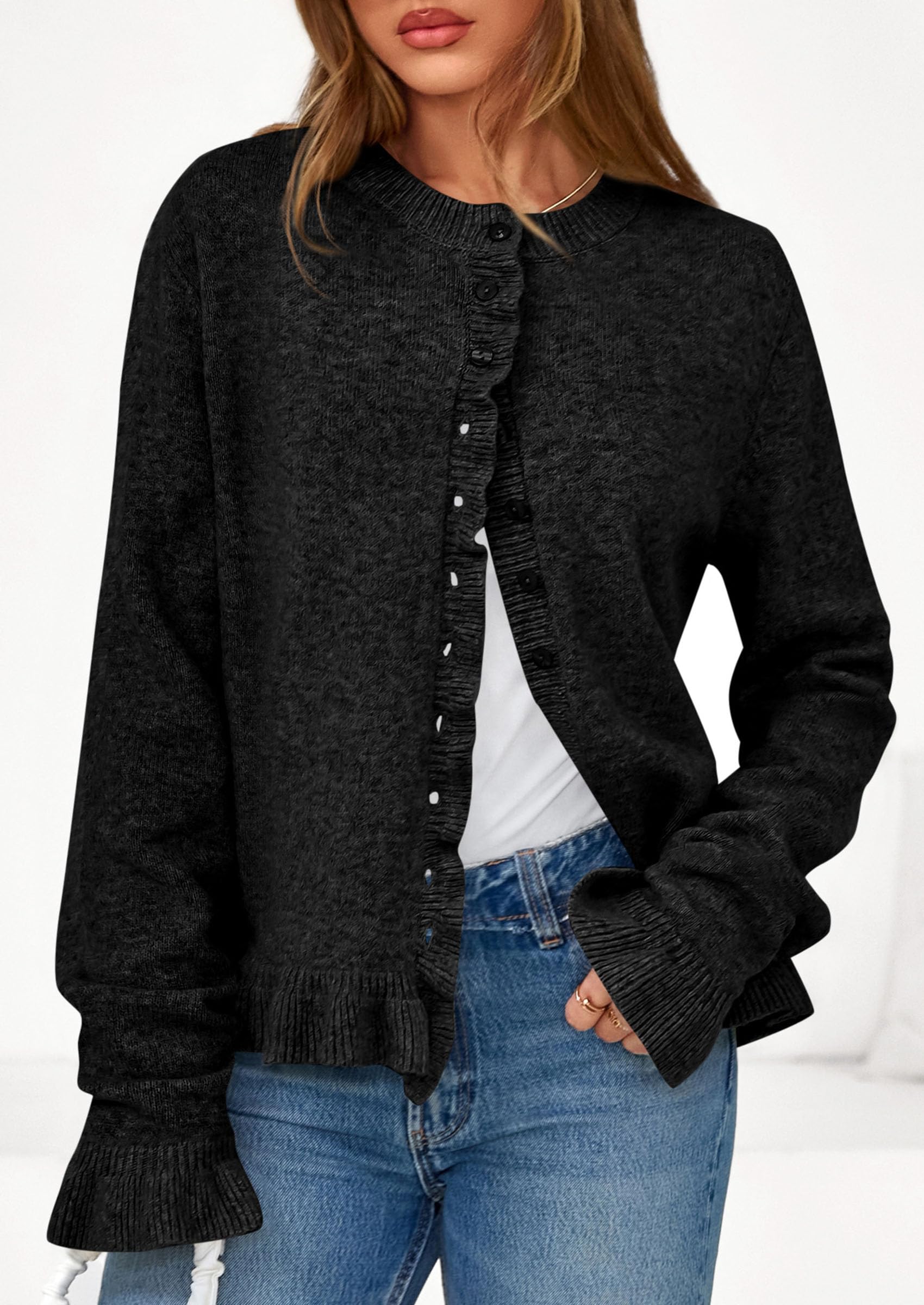 PRETTYGARDEN Womens Fall Button Down Cardigans Chunky Knit Ruffle Open Front Cropped Cardigan Sweaters Soft Long Sleeve Tops