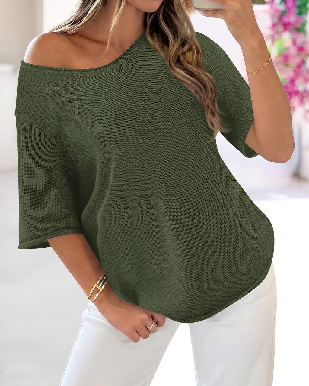 FreshPretty Sweaters for Women Summer Oversized Half Short Sleeve Knitted Pullover V Neck‌ Casual Loose Fit Spring Tops