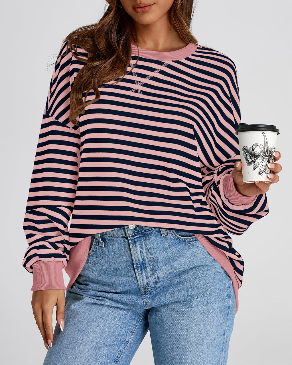 BTFBM Sweatshirt For Women Summer Crewneck Long Sleeve Oversized Striped Pullover Tops Y2K Clothes Workout Shirt
