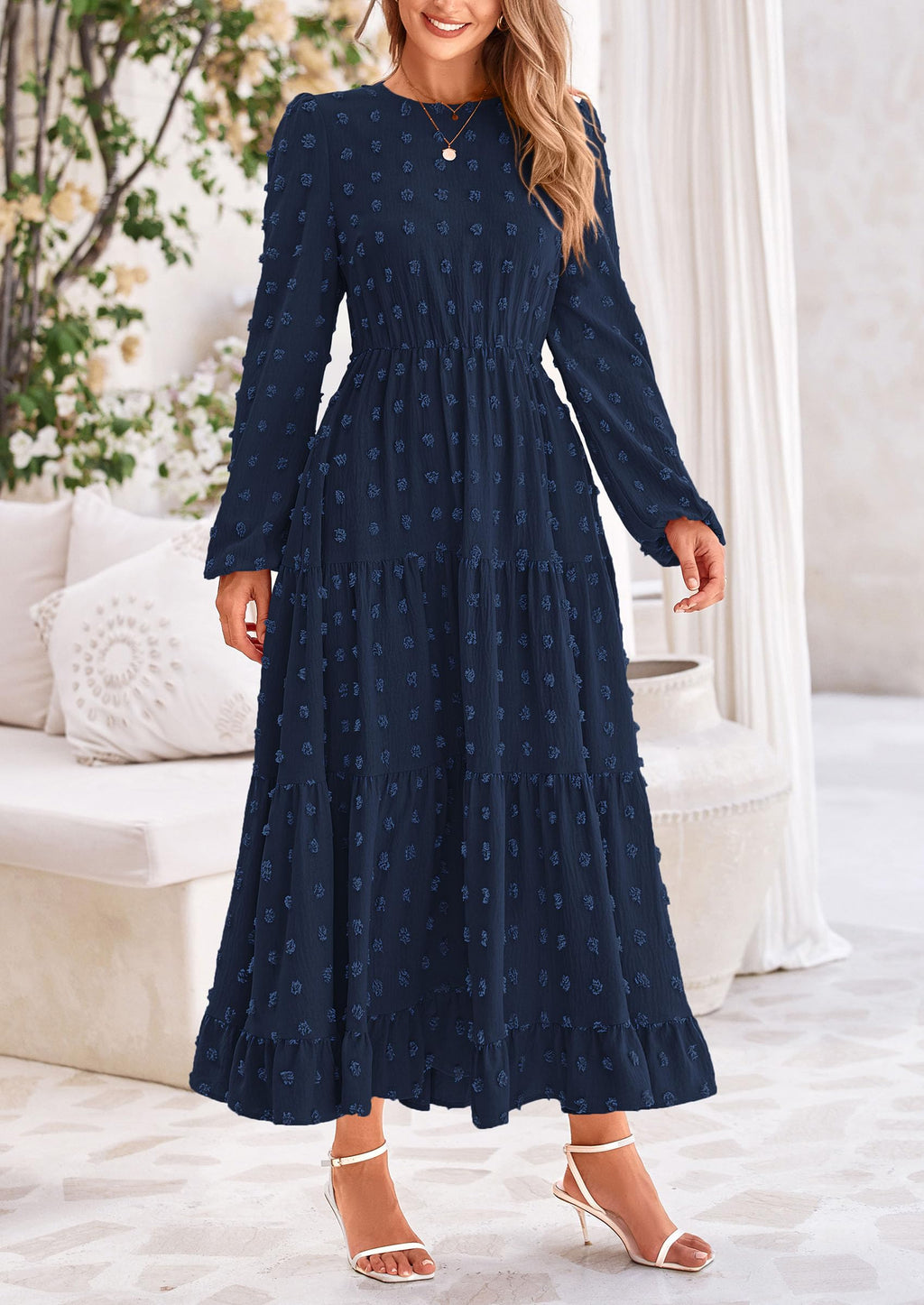 PRETTYGARDEN Women's Fall Spring Elegant Long Sleeve Maxi Dress Swiss Dot A Line Flowy Casual Holiday Party Going Out Dresses