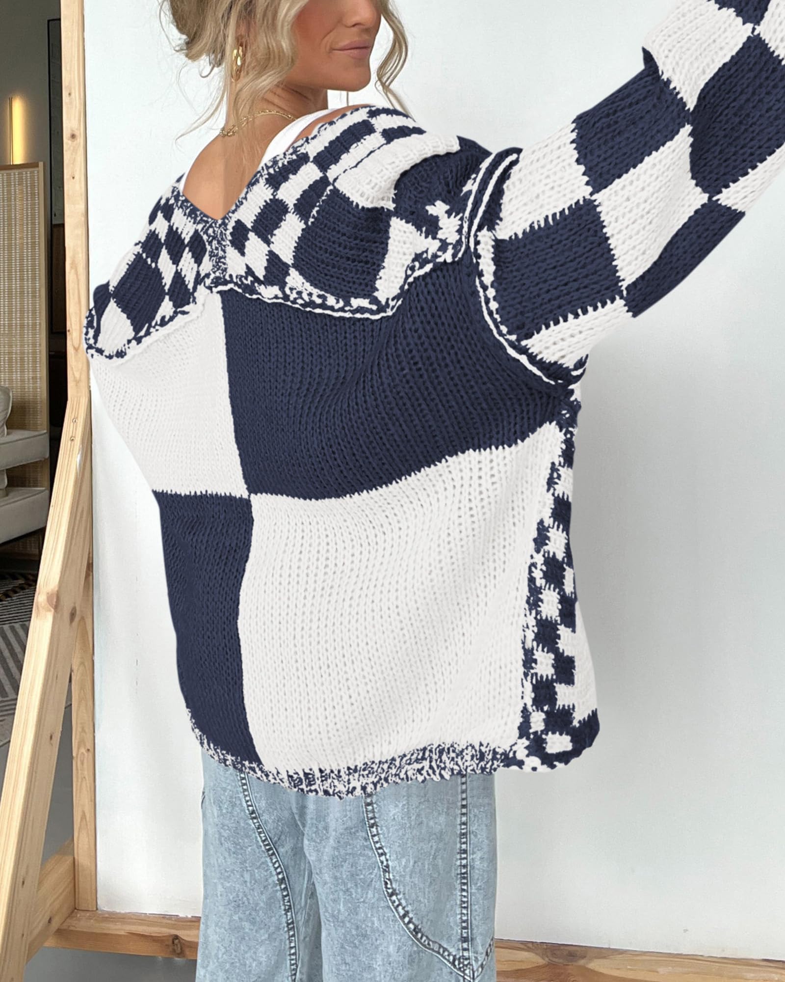 FreshPretty Casual Cardigan Sweater for Women Fall Long Sleeve Open Front Chunky Knit Sweaters Checkered Outwear Coat