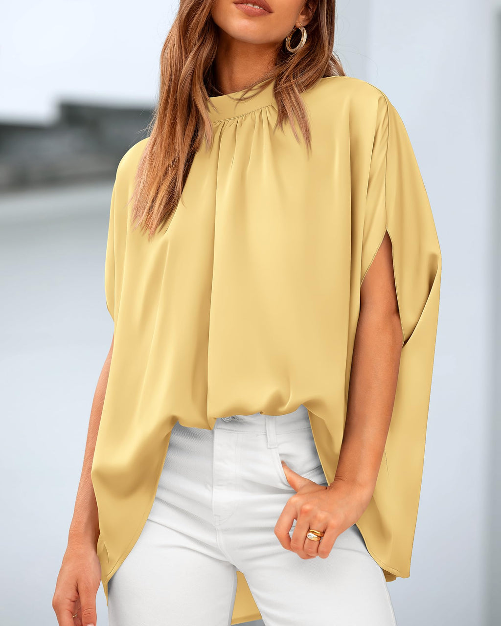 BTFBM Womens Summer Tops Mock Neck Batwing Sleeve Silk Satin Shirts Loose Oversized Dressy Casual Spring Blouses
