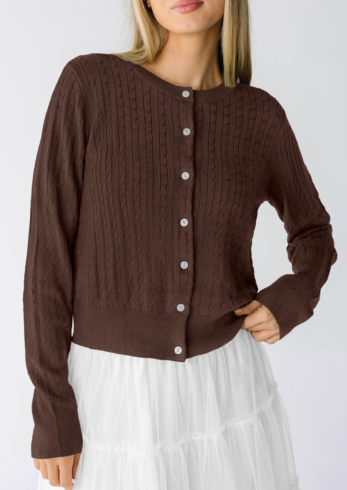 PRETTYGARDEN Women Lightweight Button Up Cardigan Sweaters | Soft Stretchy, Cozy Cable Knit, Long Sleeve Crew Neck, Trendy Cardigans, Cute Casual Outfits, Early Fall Fashion Clothing