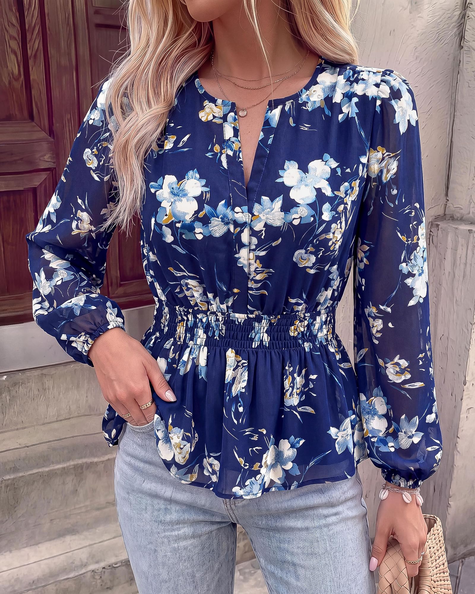 BTFBM Womens Tops Dressy Casual Floral V Neck Long Sleeve Chiffon Shirts | Chiffon Lantern Sleeve Flowy Peplum Sheer Top,Elastic Waist Babydoll Blouses,Boho Vacation Outfits,Fall Fashion Clothing