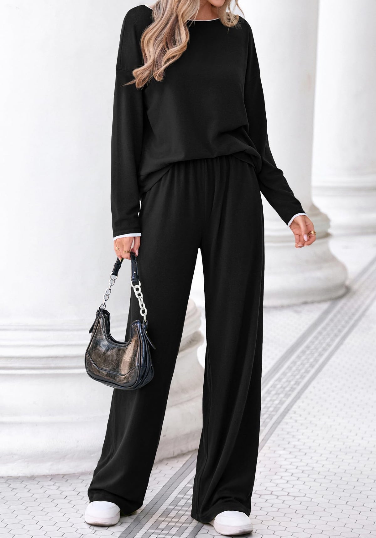 FreshPretty 2 Piece Matching Lounge Sets for Women Fall Outfits,Airport Travel Outfit,Postpartum Going Home,Cute Comfy Loungewear,Boat Neck Long Sleeve Top,Wide Leg Pants,Winter Clothes