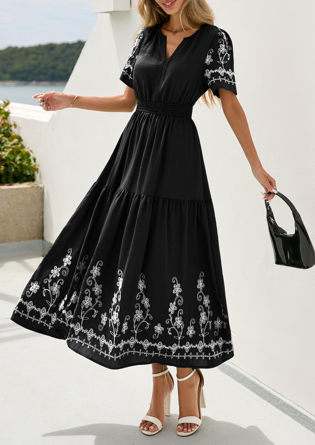 PRETTYGARDEN Women's Summer Boho Maxi Dress Spring Floral Short Sleeve V Neck A Line Flowy Beach Wedding Guest Dresses