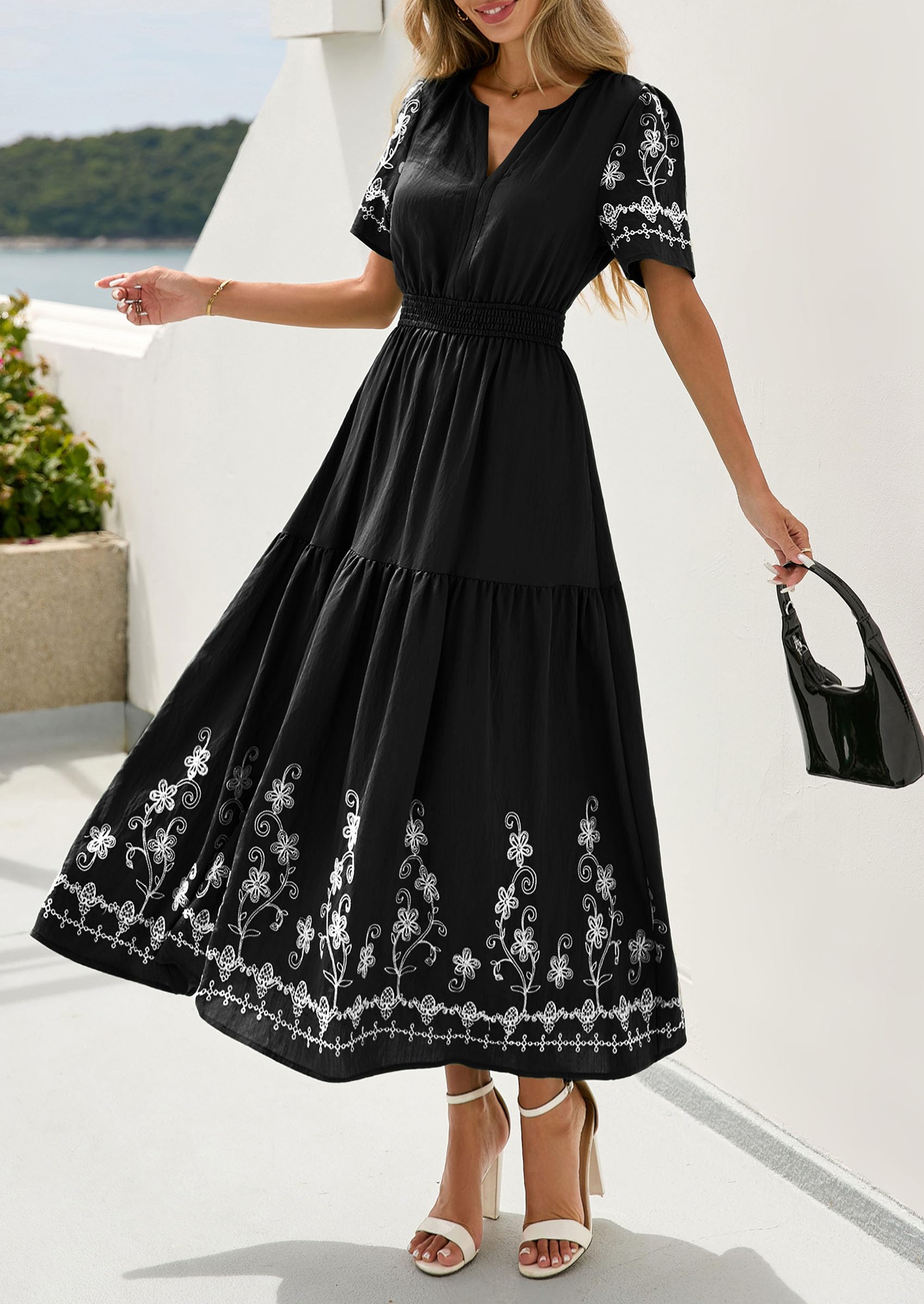 PRETTYGARDEN Women's Summer Boho Maxi Dress Spring Floral Short Sleeve V Neck A Line Flowy Beach Wedding Guest Dresses