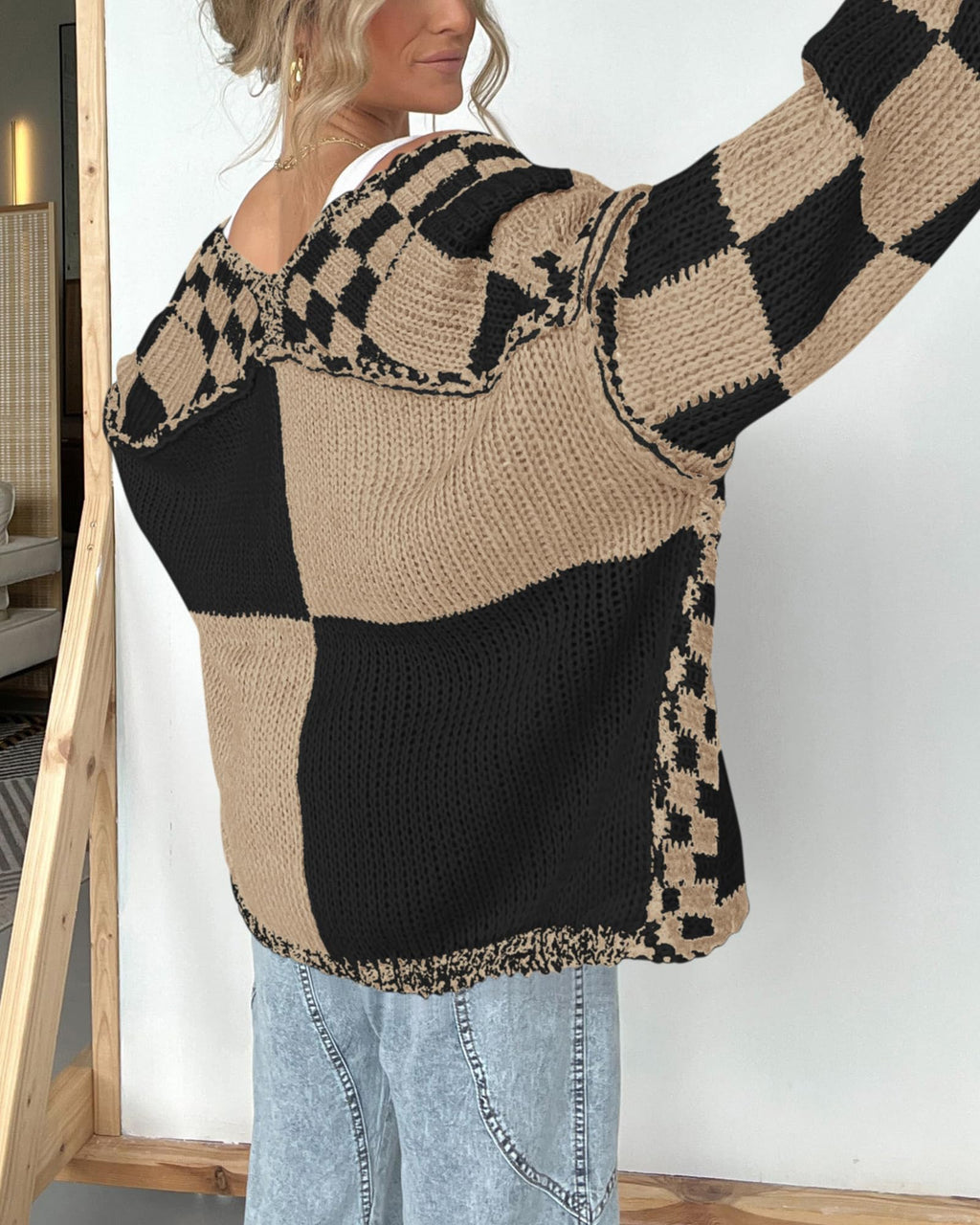 FreshPretty Casual Cardigan Sweater for Women Fall Long Sleeve Open Front Chunky Knit Sweaters Checkered Outwear Coat