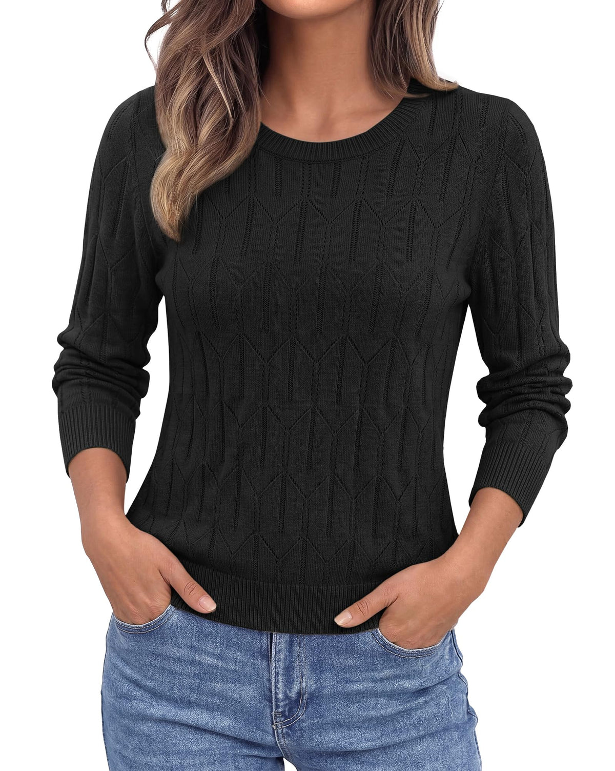 BTFBM Womens Sweaters Long Sleeve Crewneck Pullover Tops Dressy Casual Lightweight Knit Sweater,Small Hollow Out Boho Shirts, Fall Fashion,Winter Layer Basic Clothes,Business Casual Outfits