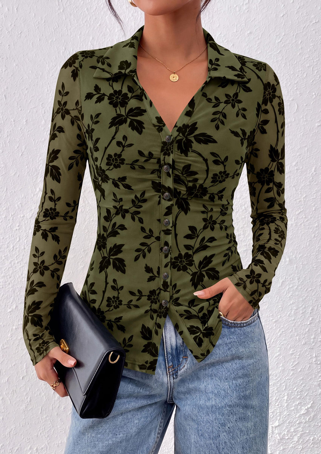 PRETTYGARDEN Women's Long Sleeve Floral Mesh Boho Tops Button Down Shirts Fall Blouses Dressy, Ruched Slim Fit, Collared V Neck, Trendy Going Out Date Night Outfit, Elegant Casual Work Office Clothes