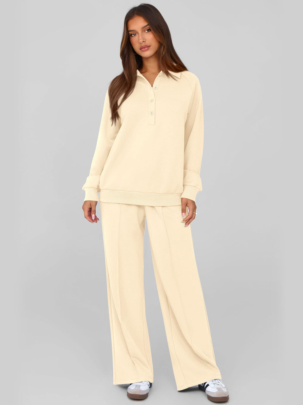 PRETTYGARDEN Women Fall 2 Piece Outfits Sweatsuits Lounge Sets Quarter Button Long Sleeve Sweatshirt, Wide Leg Sweat Pants, Casual 2 Piece Sets Tracksuit, Airport Travel Outfits for Women