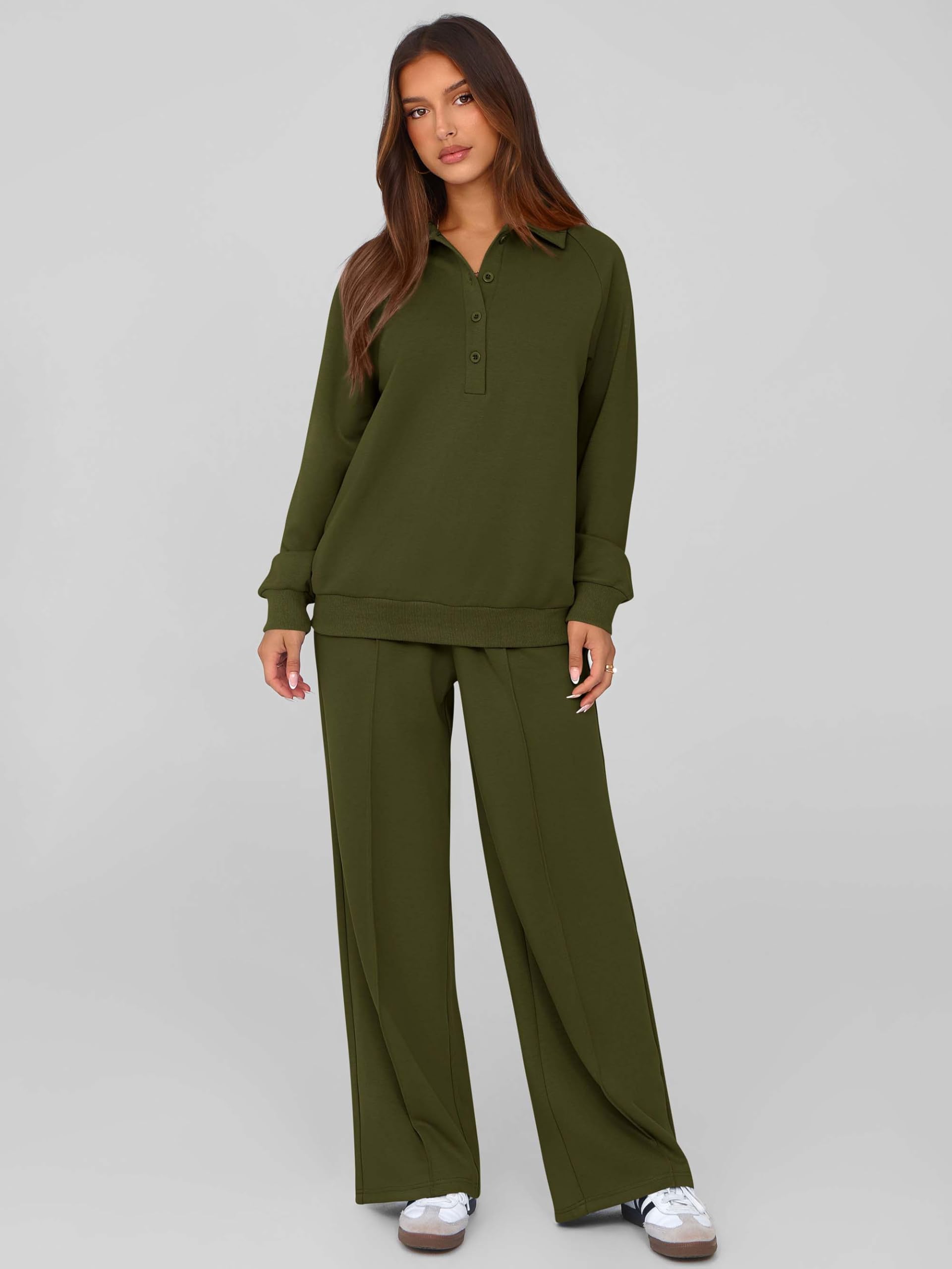 PRETTYGARDEN Women Fall 2 Piece Outfits Sweatsuits Lounge Sets Quarter Button Long Sleeve Sweatshirt, Wide Leg Sweat Pants, Casual 2 Piece Sets Tracksuit, Airport Travel Outfits for Women