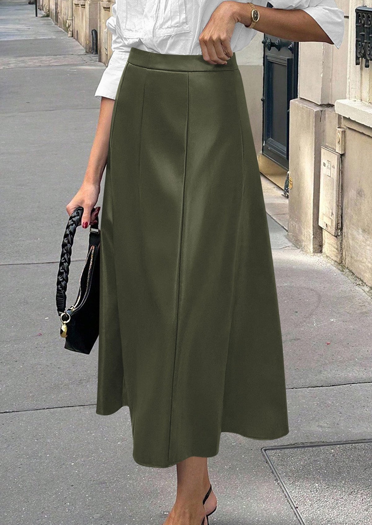PRETTYGARDEN Womens Faux Leather High Waisted Midi Skirt | Flowy A Line Pleated Skirts, Elegant Swing Flared, Work Business Casual Outfits, Fall Winter Fashion Clothes