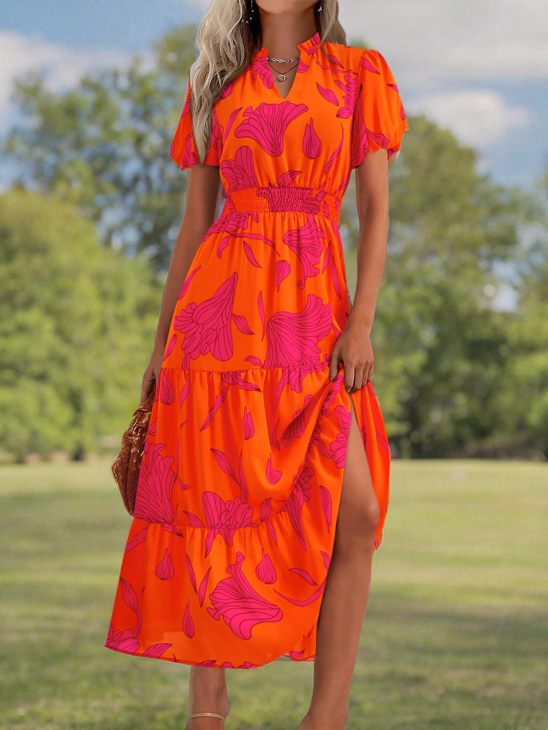 PRETTYGARDEN Summer Maxi Dresses for Women  Casual V Neck Puff Short Sleeve Smocked Flowy Beach Boho Long Floral Dress