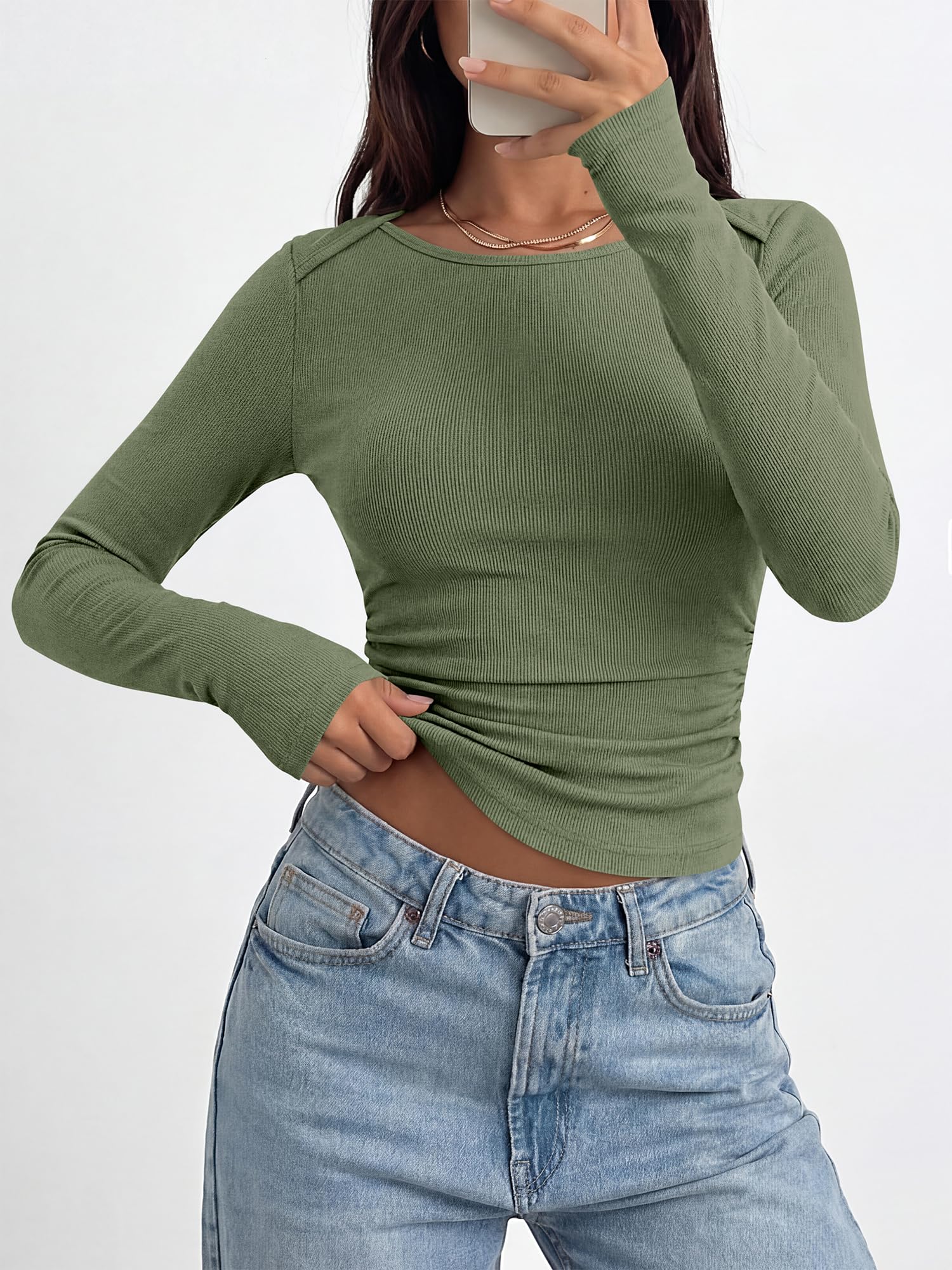 BTFBM Womens Long Sleeve T Shirts Spring Clothes Ribbed Slim Fit Boat Neck Casual Going Out Tops Workout Outfits