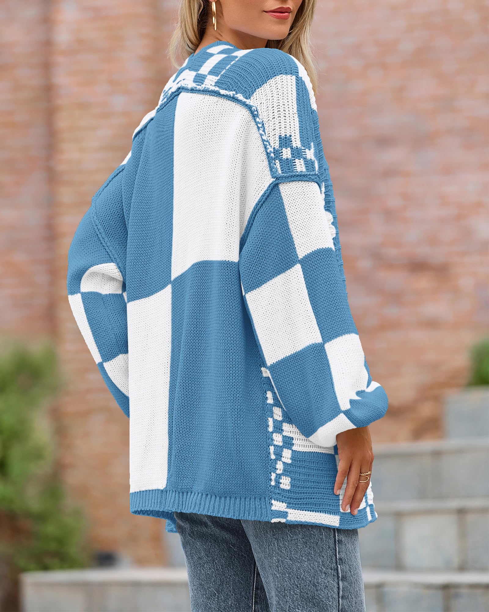 FreshPretty Casual Cardigan Sweater for Women Fall Long Sleeve Open Front Chunky Knit Sweaters Checkered Outwear Coat